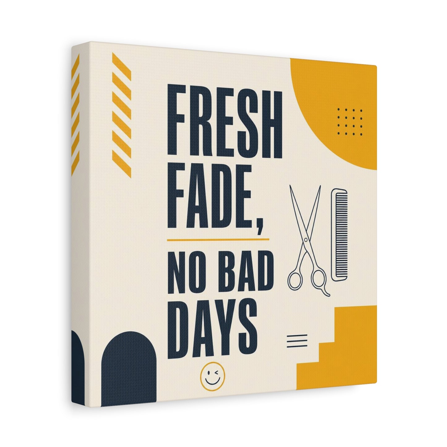 "Fresh Fade, No Bad Days" Barber Shop Canvas Wall Art - Scissors And Comb Typography Print - Modern Yellow Black Salon Decor - Workspace Wall Decor, Lobby Wall Art Accent - Gallery Wrapped Canvas