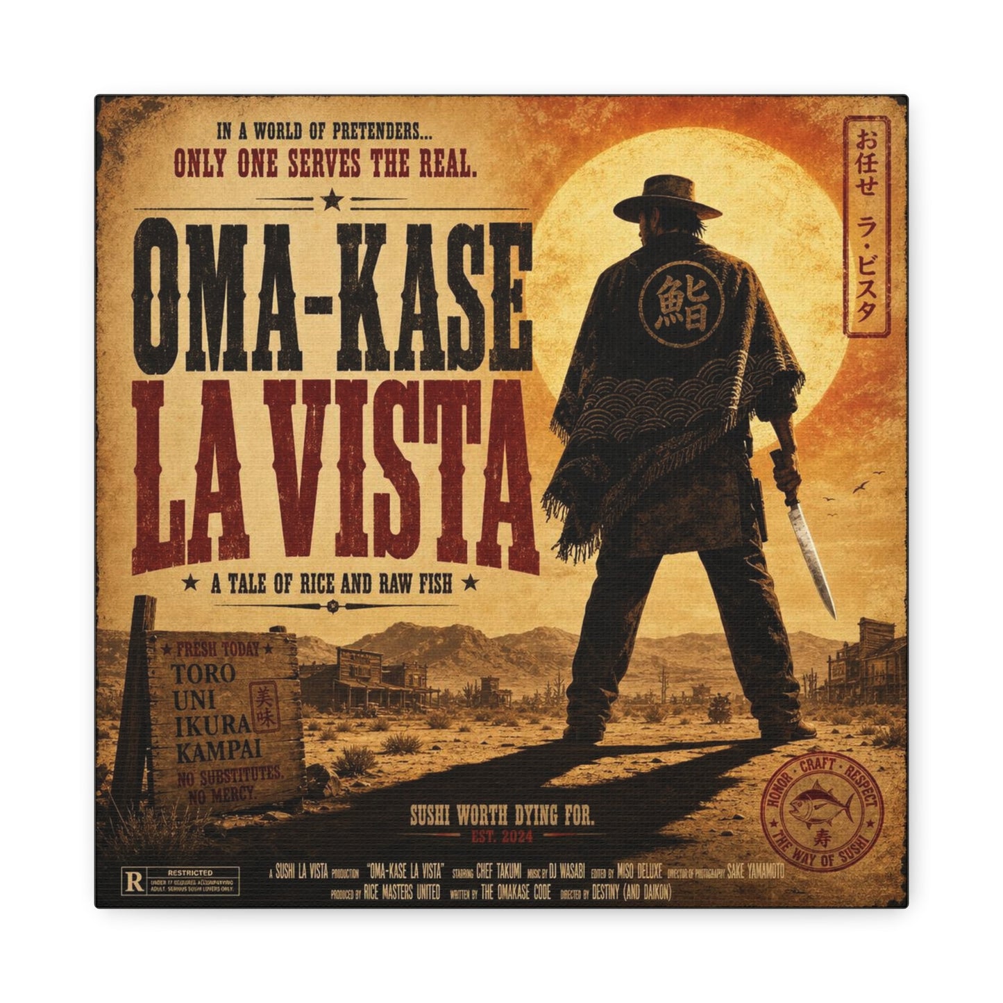 "In A World Of Pretenders... Only One Serves The Real. OMA-KASE LA VISTA" Canvas Wall Art - Vintage Western Sushi Poster, Typography Illustration, Rustic Office Decor, Cafe Accent Print