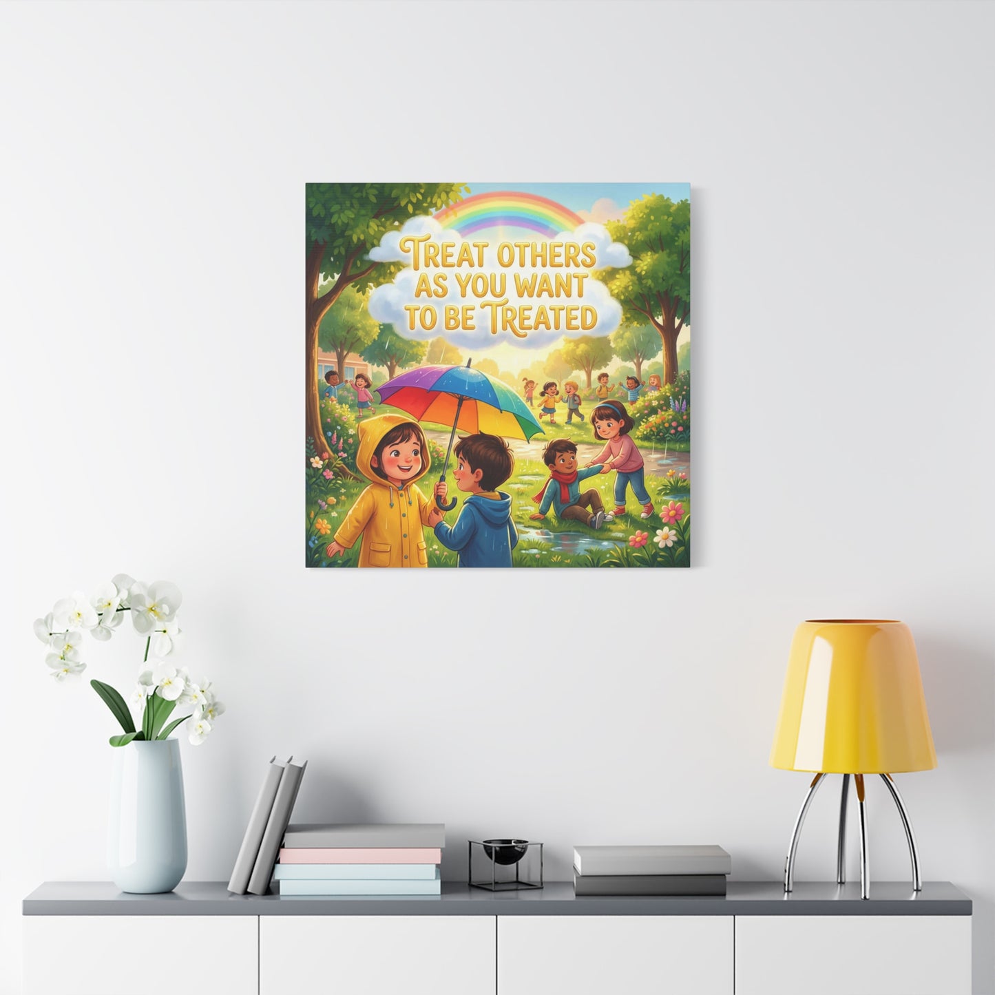 "Treat Others As You Want To Be Treated" Kids Canvas Wall Art - Rainbow Umbrella Kindness Quote Print - Colorful Classroom Decor - Nursery Playroom Bedroom Home Decoration - Bohemian Wall Hanging