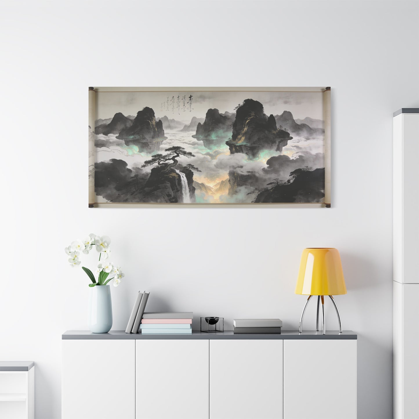 Chinese Ink Landscape Canvas Wall Art - Misty Mountain Scroll Painting, Cloud Sea Waterfall, Calligraphy Detail - Contemporary Zen Style - Living Room Wall Decor, Bedroom Home Accent - Ready to Hang