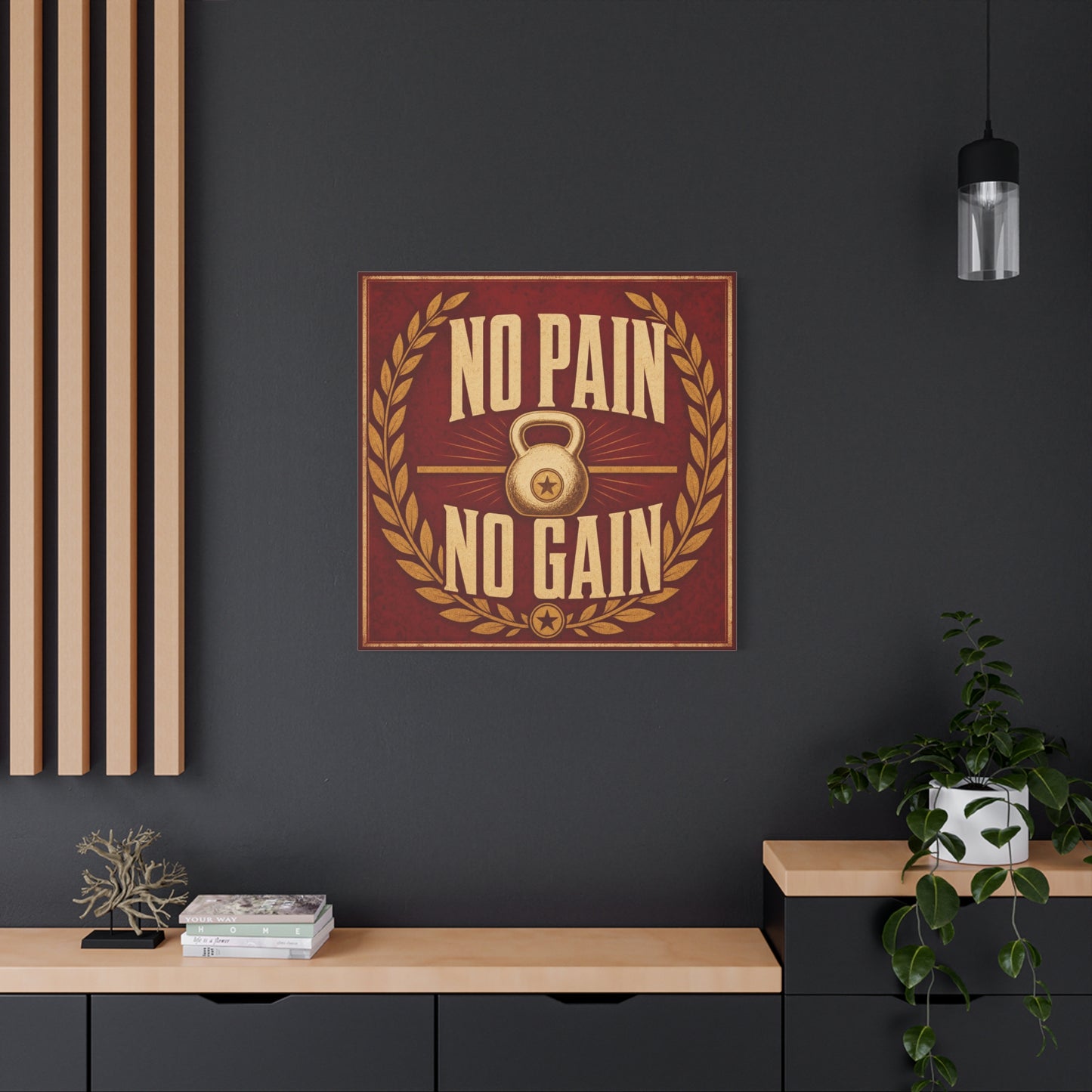"No Pain No Gain" Kettlebell Canvas Wall Art - Vintage Gym Quote Decor, Rustic Typography Print, Motivational Fitness Poster Style - Room Decoration - Ready to Hang - Gym Wall Decor - HP Latex Print