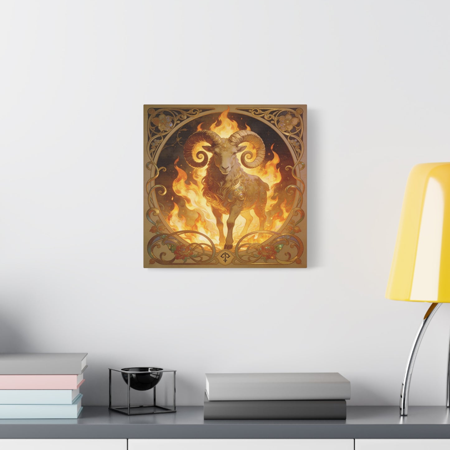 Aries Ram Canvas Wall Art - Fiery Zodiac Illustration, Ornate Gold Nouveau Design - Matte Cotton Art Print - Bohemian Astrology Decor, Bedroom Home Decoration, Office Wall Art - Modern Farmhouse Style