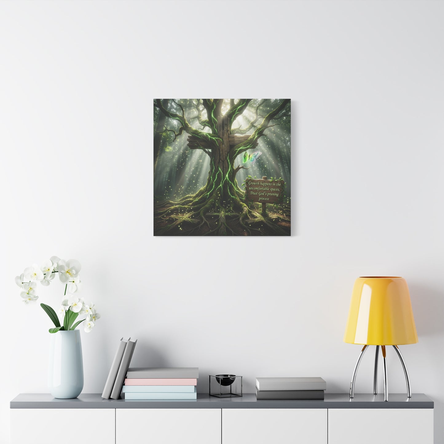 "Growth Happens In The Uncomfortable Spaces, Trust God's Pruning Process" Christian Canvas Wall Art - Forest Tree Cross, Butterfly - Inspirational Rustic Decor - Living Room Wall Decor - Ready to Hang