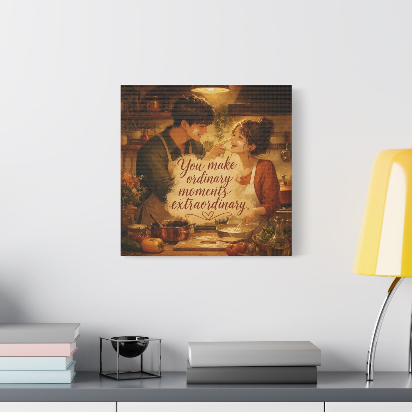 "You Make Ordinary Moments Extraordinary" Couple Canvas Wall Art - Romantic Kitchen Scene, Warm Vintage Illustration Print - Cozy Living Room Decor, Farmhouse Home Accent - Living Room Wall Decor