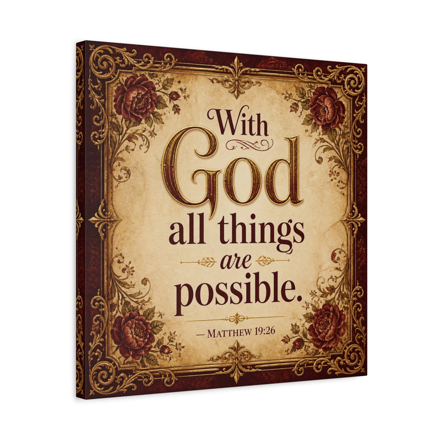 "With God All Things Are Possible. - Matthew 19:26" Christian Canvas Wall Art - Vintage Floral Scripture Print, Traditional Inspirational Decor, Living Room Bedroom Wall Hanging - Ready to Hang
