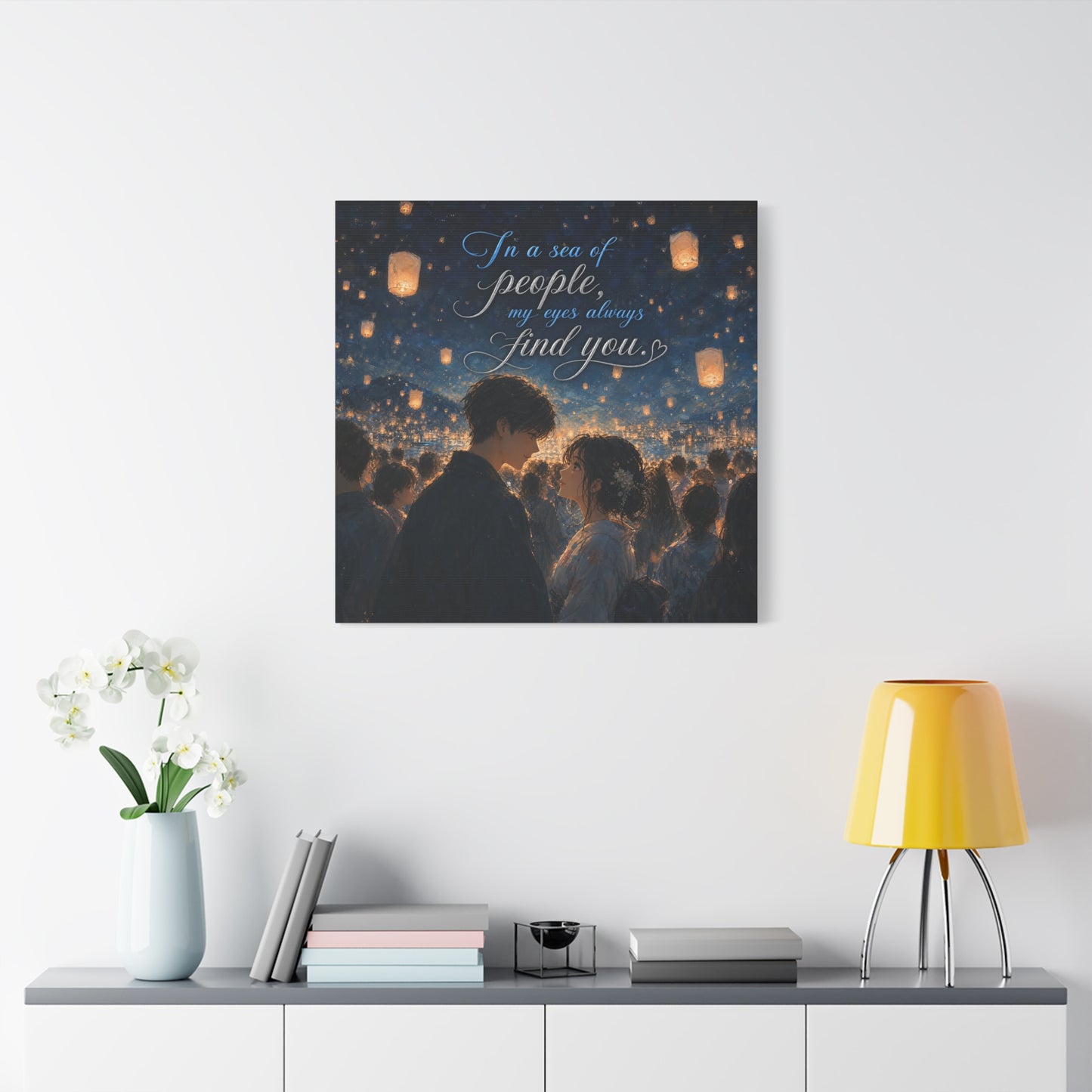 "In A Sea Of People, My Eyes Always Find You." Couple Canvas Wall Art - Romantic Lantern Night Scene, Blue Gold Typography Print, Bedroom Decor - Bedroom Home Decoration - Living Room Wall Decor