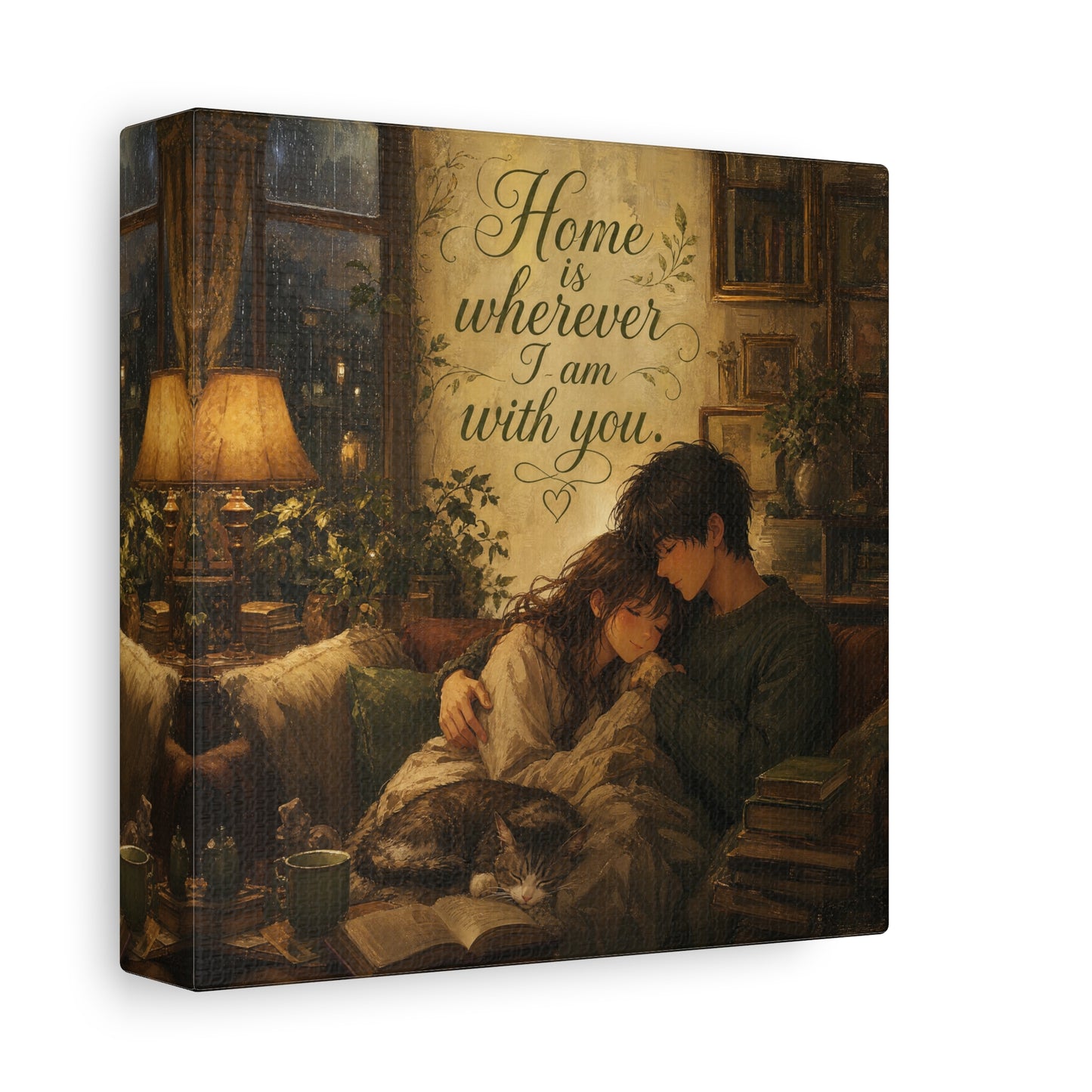 "Home Is Wherever I Am With You." Couple Canvas Wall Art - Romantic Cozy Reading Nook Quote Print - Vintage Warm Lamplight Style - Living Room Wall Decor, Bedroom Home Decoration - Ready to Hang
