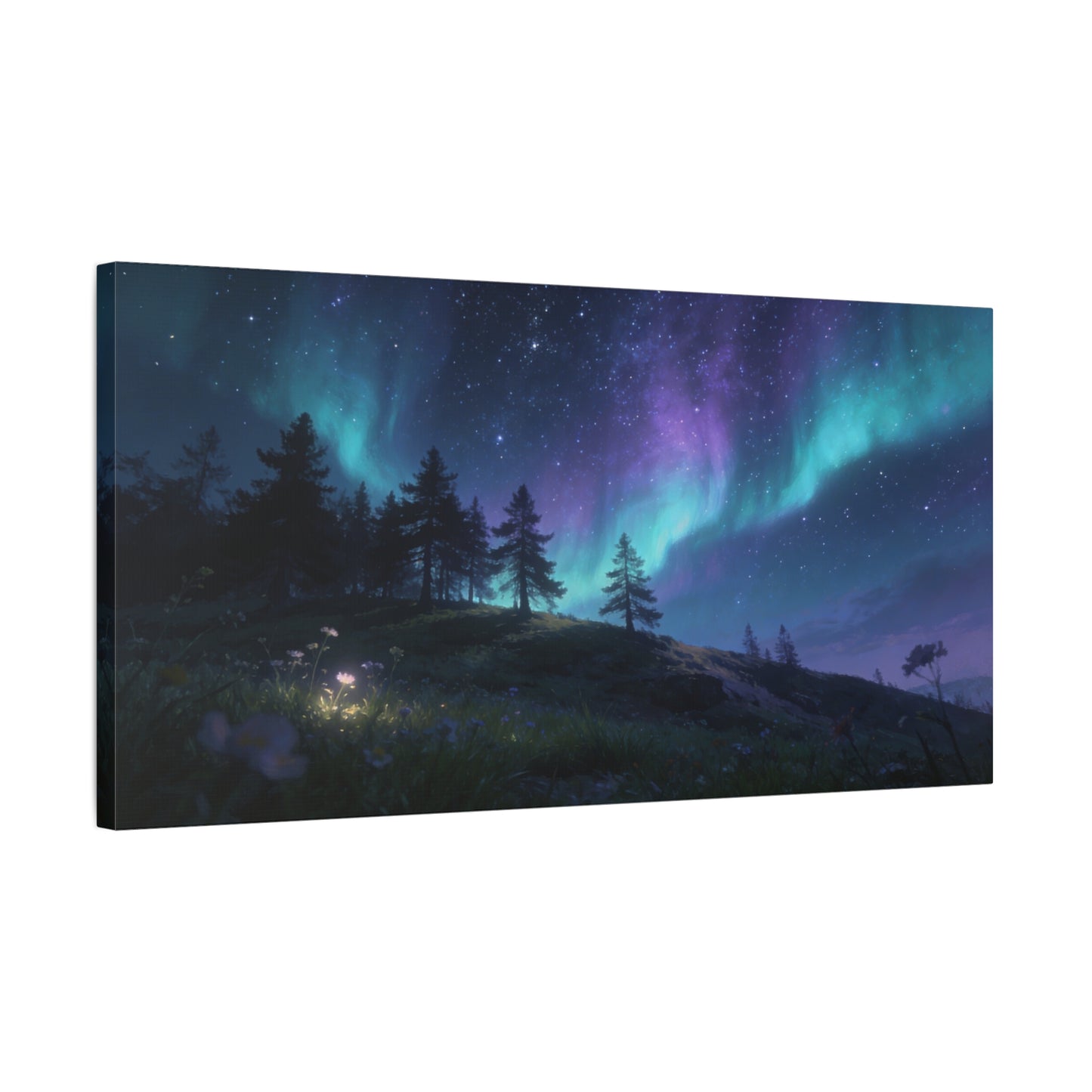 Northern Lights Canvas Wall Art - Aurora Borealis Night Sky Landscape Print, Starry Forest Meadow, Calming Contemporary Decor - Living Room Wall Decor, Bedroom Home Decoration - Modern Farmhouse Style