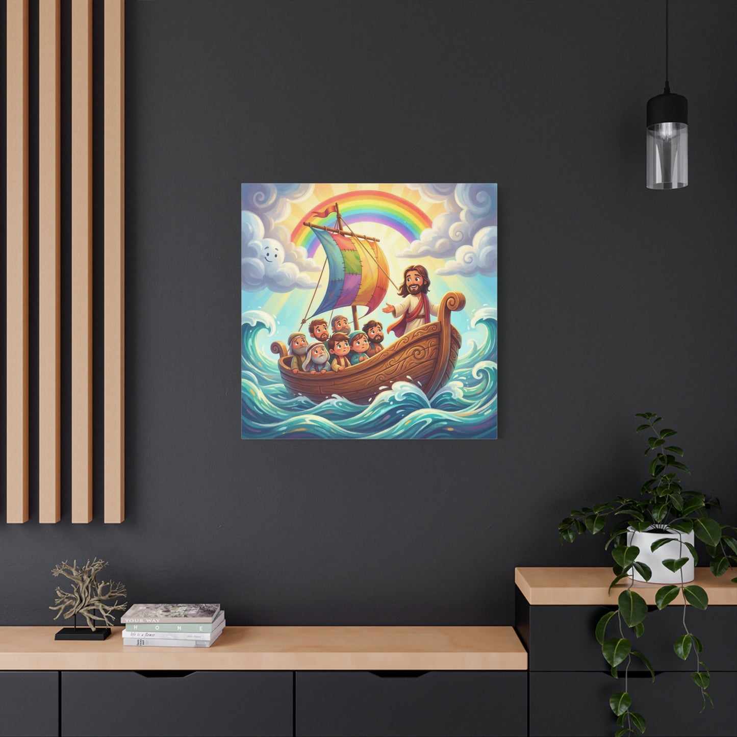Jesus Boat Canvas Wall Art - Rainbow Sail, Disciples At Sea, Christian Nursery Decor - Matte Cotton Print - Whimsical Religious Style For Kids Bedroom Playroom Home Decoration - Living Room Wall Decor