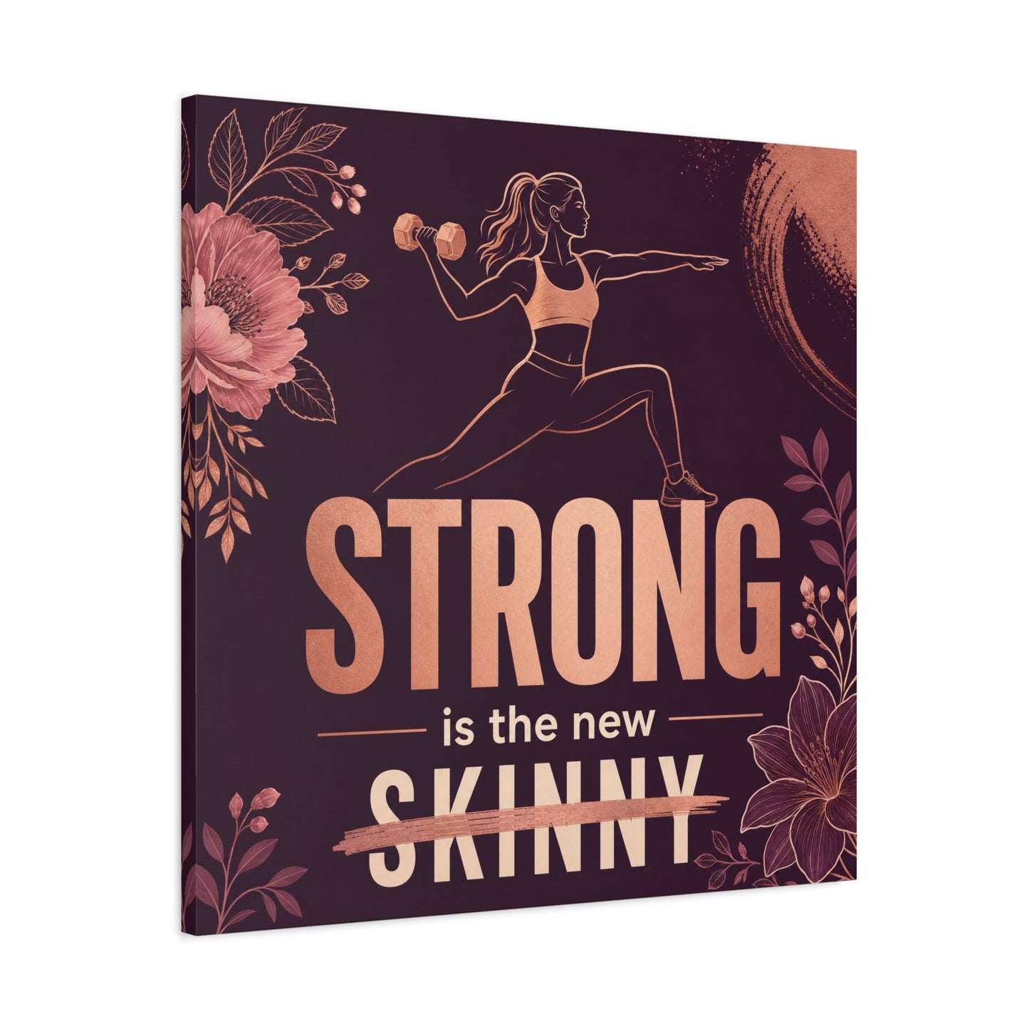 "Strong Is The New Skinny" Fitness Canvas Wall Art - Woman With Dumbbell Floral Quote Print - Rose Gold Motivational Decor - Modern Bedroom Wall Decor - Bedroom Home Decoration - Cozy Reading Nook Art