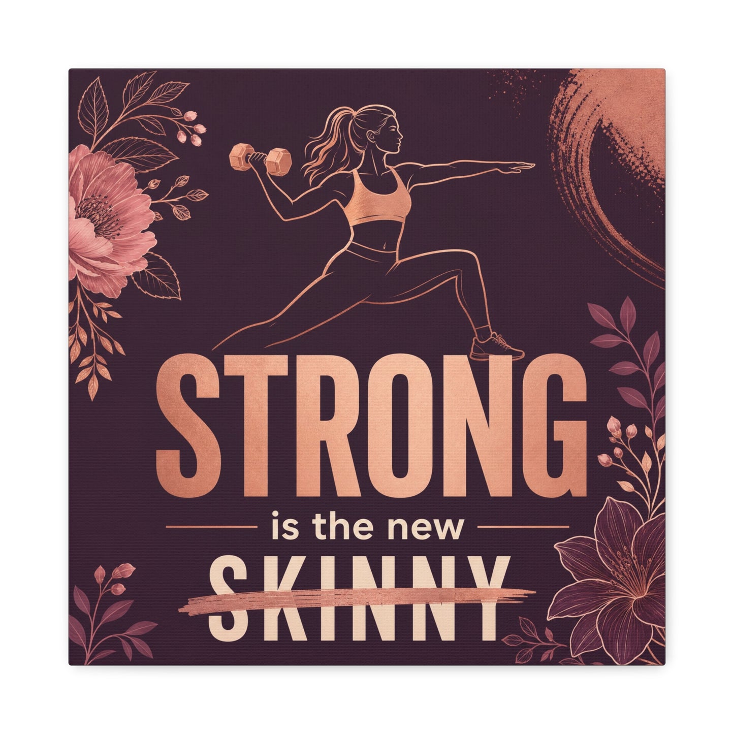 "Strong Is The New Skinny" Fitness Canvas Wall Art - Woman With Dumbbell Floral Quote Print - Rose Gold Motivational Decor - Modern Bedroom Wall Decor - Bedroom Home Decoration - Cozy Reading Nook Art