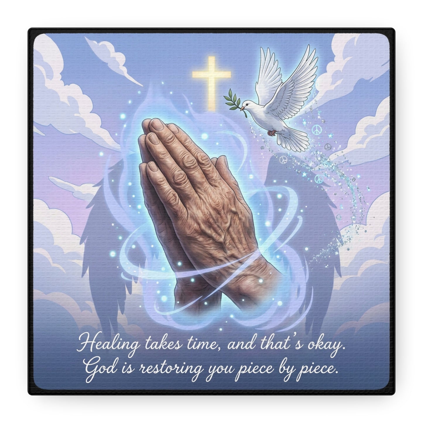 "Healing Takes Time, And That’s Okay. God Is Restoring You Piece By Piece." Christian Canvas Wall Art - Praying Hands, Dove, Cross - Faith Inspired Blue Sky Decor - Bedroom Living Room Office