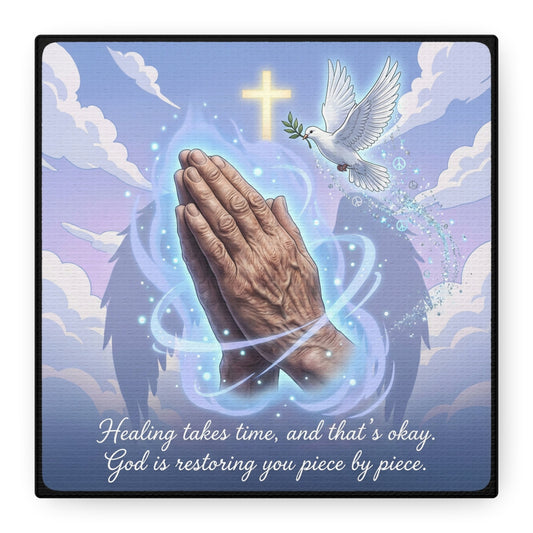 "Healing Takes Time, And That’s Okay. God Is Restoring You Piece By Piece." Christian Canvas Wall Art - Praying Hands, Dove, Cross - Faith Inspired Blue Sky Decor - Bedroom Living Room Office
