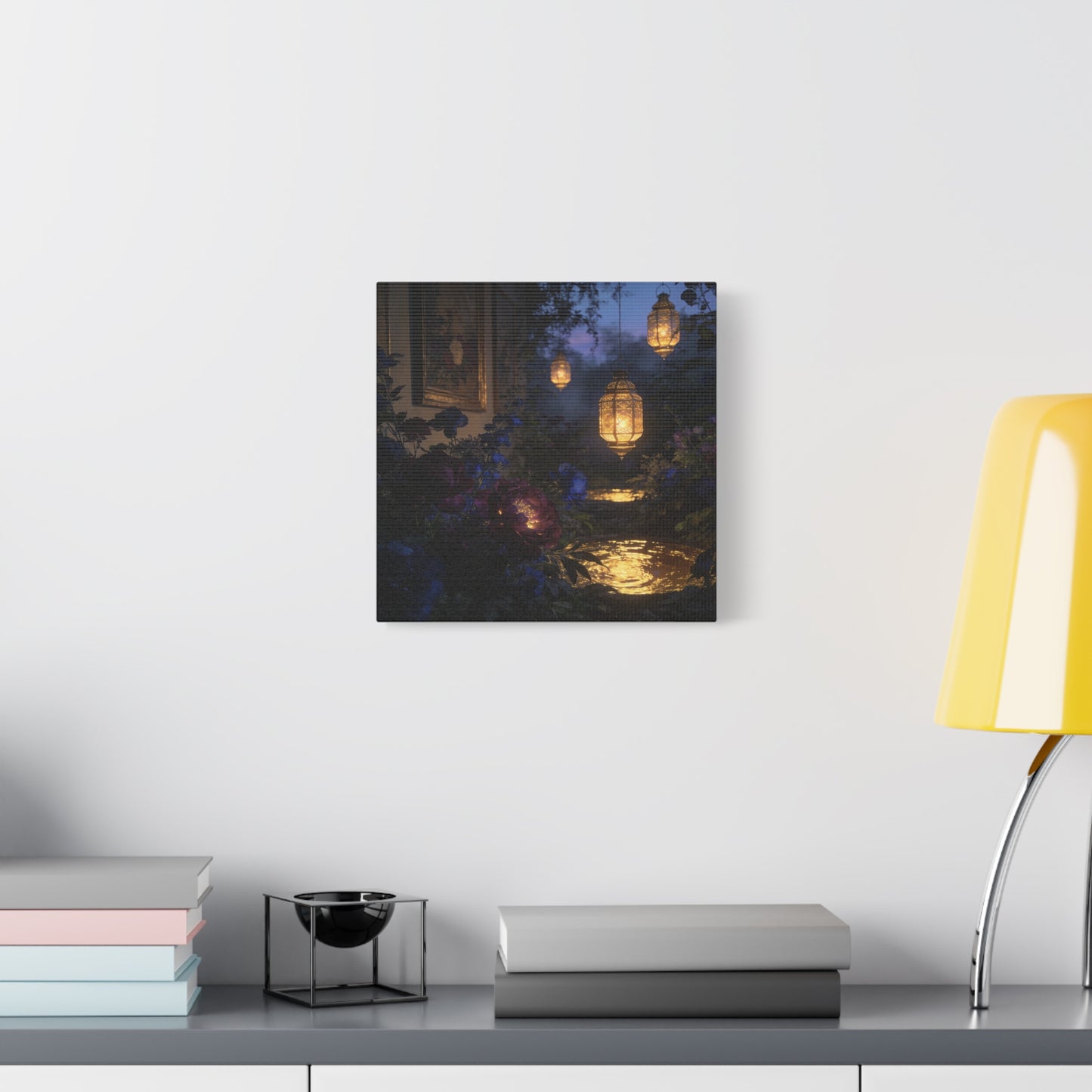 Lantern Garden Canvas Wall Art - Twilight Floral Courtyard, Glowing Water Reflections - Moody Botanical Night Scene, Matte Canvas Print - Bedroom Wall Decor, Living Room Accent - Cozy Reading Nook Art