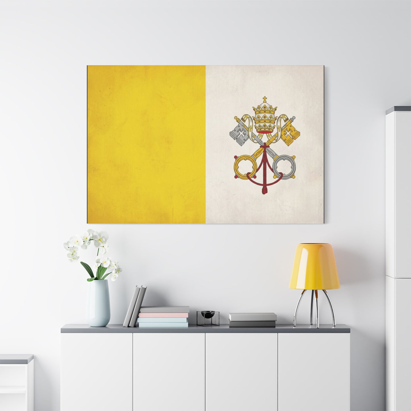 Vatican Flag Canvas Wall Art - Papal Keys And Tiara Catholic Wall Decor - Yellow White Heraldic Print - Traditional Religious Style - Bedroom Home Decoration - Bedroom Home Decoration - Ready to Hang