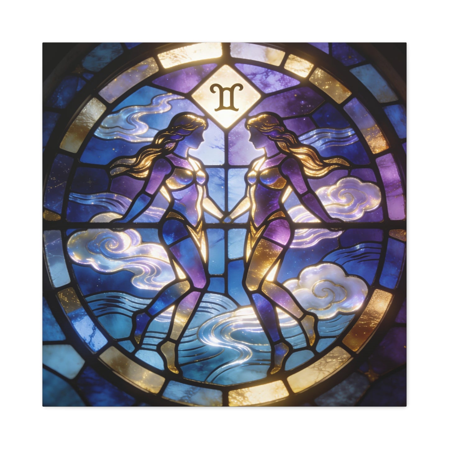 Gemini Zodiac Canvas Wall Art - Stained Glass Twin Women Celestial Print, Blue Purple Gold Astrology Decor - Modern Mystical Artwork - Bedroom Home Decoration Office Wall Art - Bedroom Home Decoration