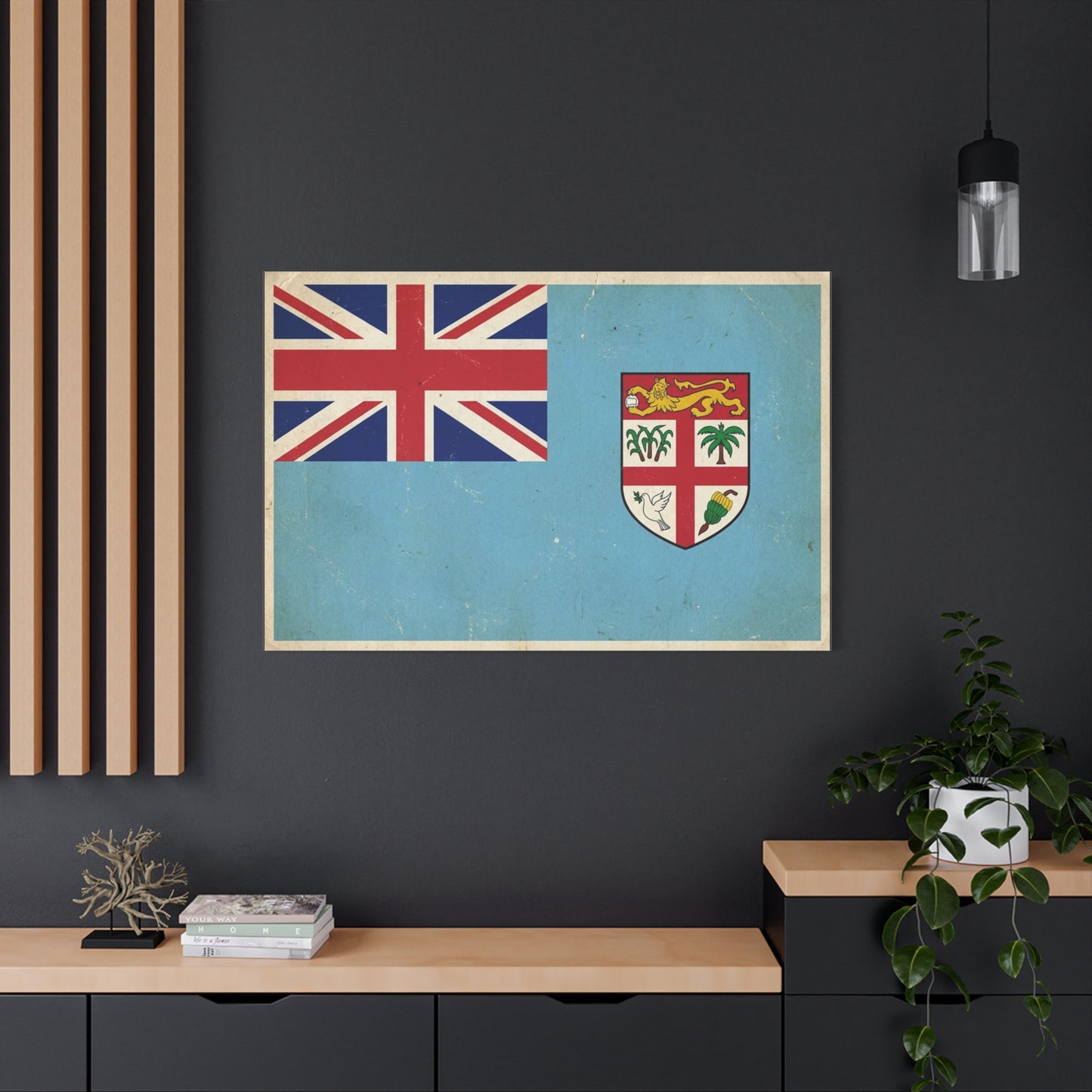 Vintage Fiji Flag Canvas Wall Art - Distressed British Ensign And Shield Print - Retro Patriotic Decor, Coastal Blue Island Style, Living Room Wall Decor, Office Art - Ready to Hang - Ready to Hang
