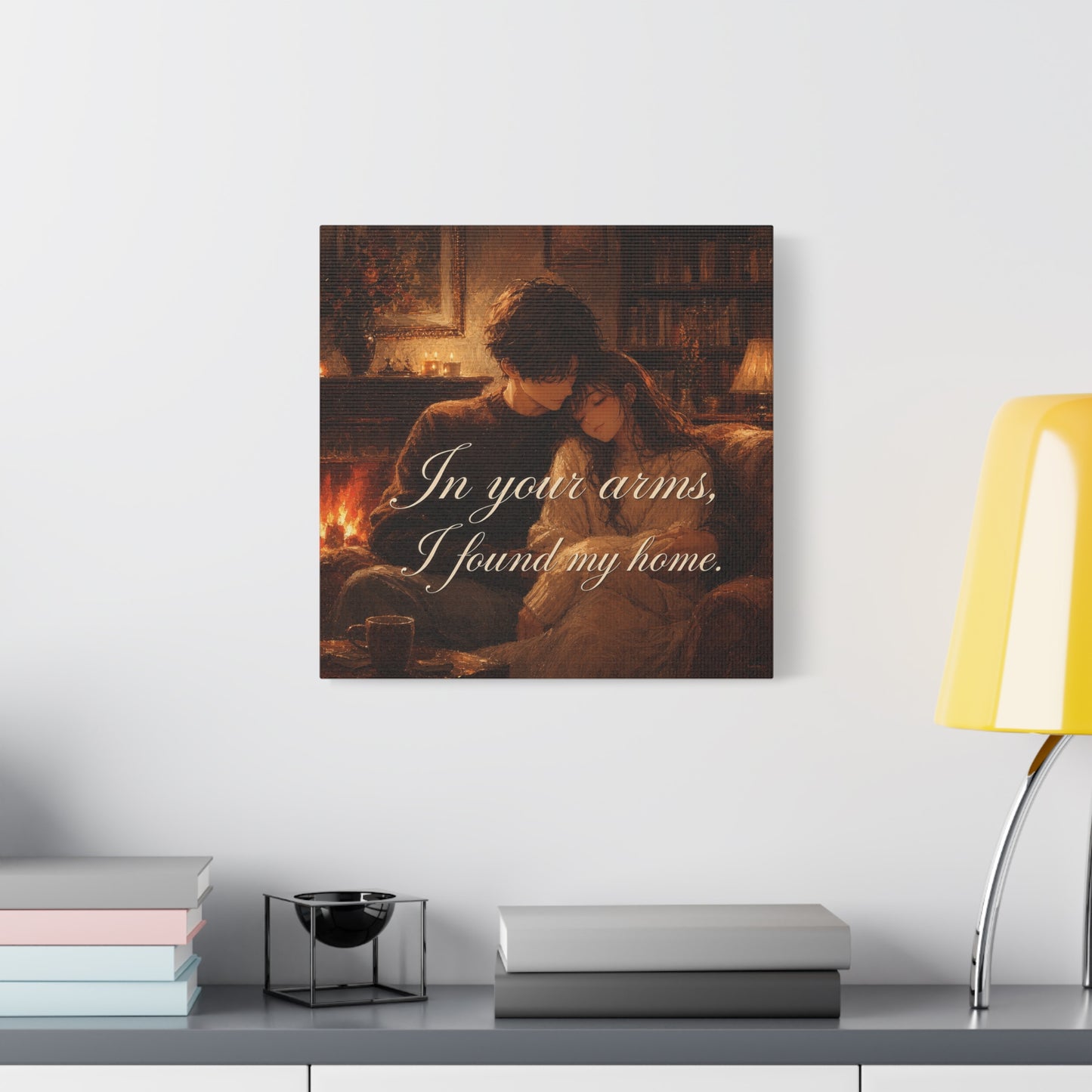 "In Your Arms, I Found My Home" Romantic Couple Canvas Wall Art - Cozy Fireplace Library Scene, Warm Vintage Style - Bedroom Home Decoration, Living Room Accent - Ready to Hang - Office Wall Art