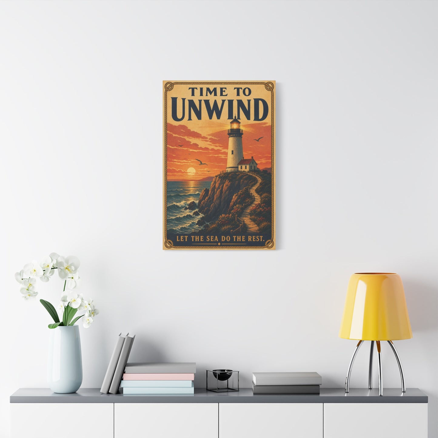 "Time To Unwind Let The Sea Do The Rest" Lighthouse Canvas Wall Art - Vintage Coastal Sunset Seascape Print, Nautical Home Decor, Bedroom Living Room Decoration, Beach House Style - Office Wall Art