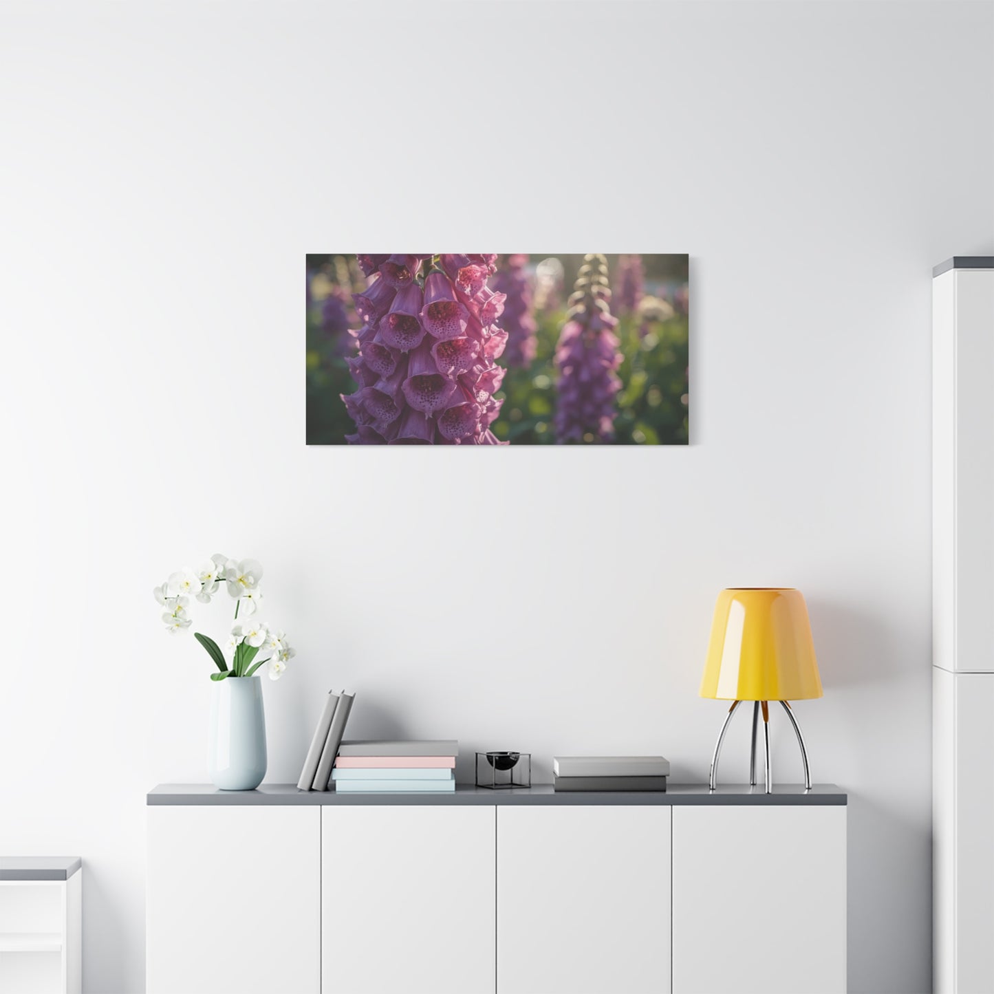 Purple Foxglove Flower Canvas Wall Art - Botanical Floral Art Print, Soft Golden Light, Matte Finish Decor - Bedroom Wall Hanging, Living Room Accent, Spa Style Interior Design - Ready to Hang