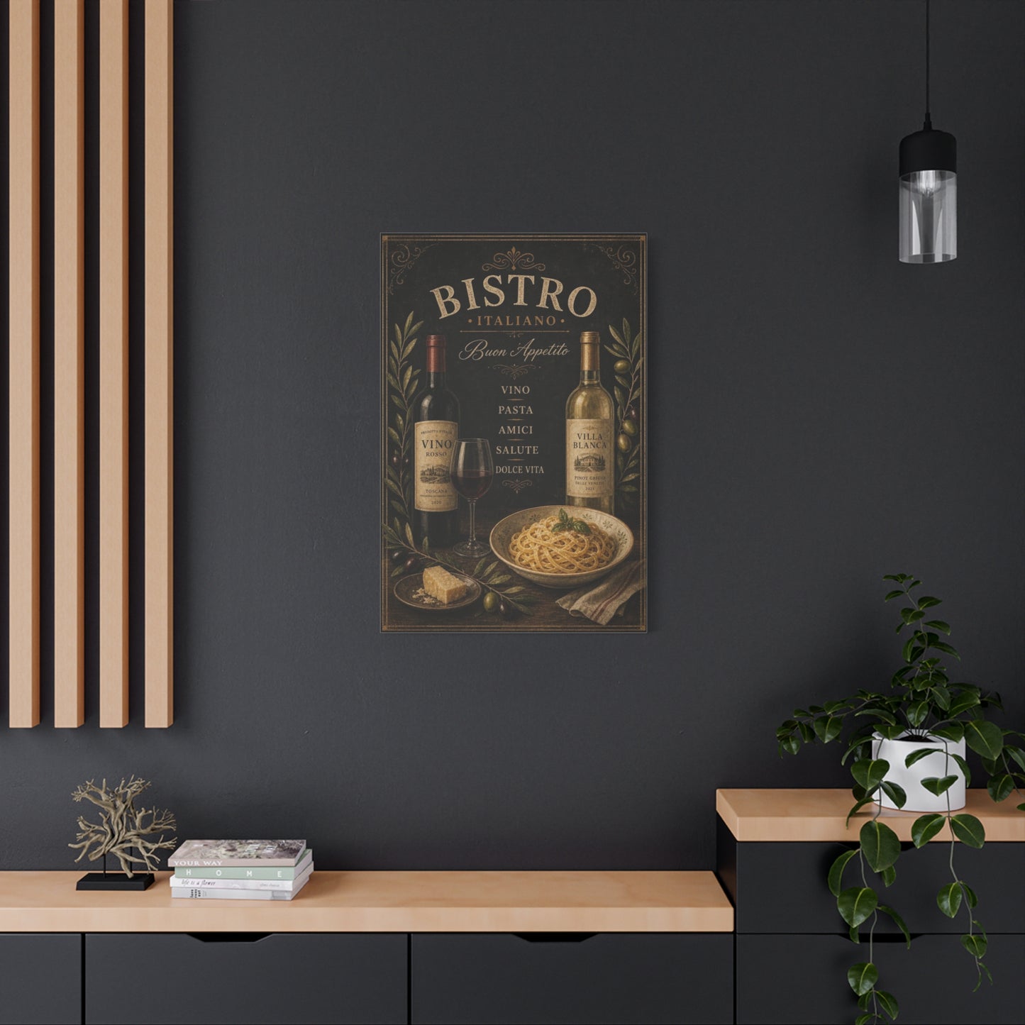 "Bistro Italiano Buon Appetito" Canvas Wall Art - Wine Bottles, Pasta, Olives - Vintage Italian Kitchen Decor - Rustic Farmhouse Style - Dining Room Accent, Cafe Wall Decor - Bedroom Home Decoration