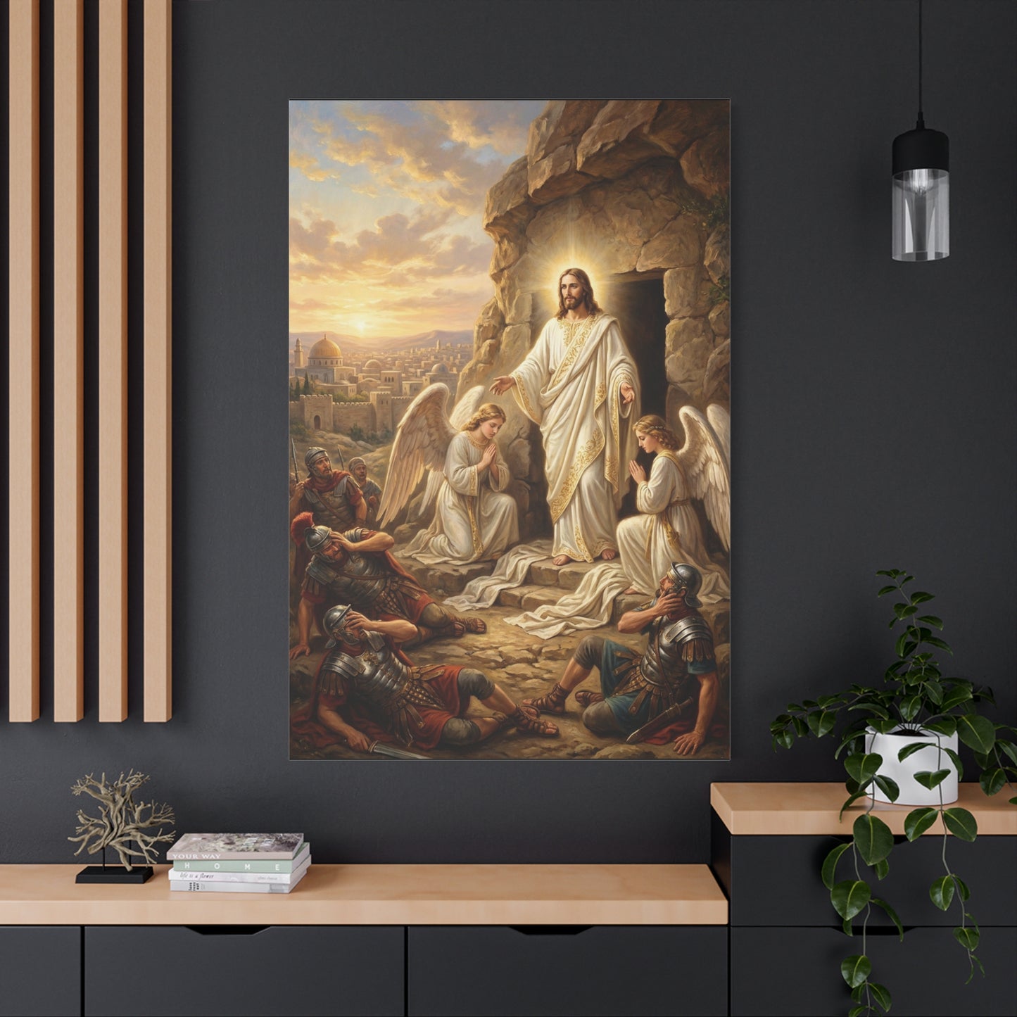 Jesus Christ Resurrection Canvas Wall Art - Empty Tomb, Angels, Roman Soldiers - Traditional Religious Print, Golden Dawn Scene - Living Room Wall Decor, Bedroom Home Decoration - Ready to Hang