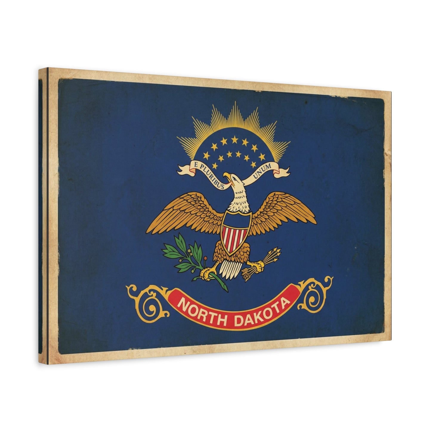 North Dakota Flag Canvas Wall Art - E Pluribus Unum Vintage State Banner Print - Patriotic Blue Eagle Emblem Decor - Rustic Americana Style - Ready to Hang - Living Room Wall Decor - Ready to Hang