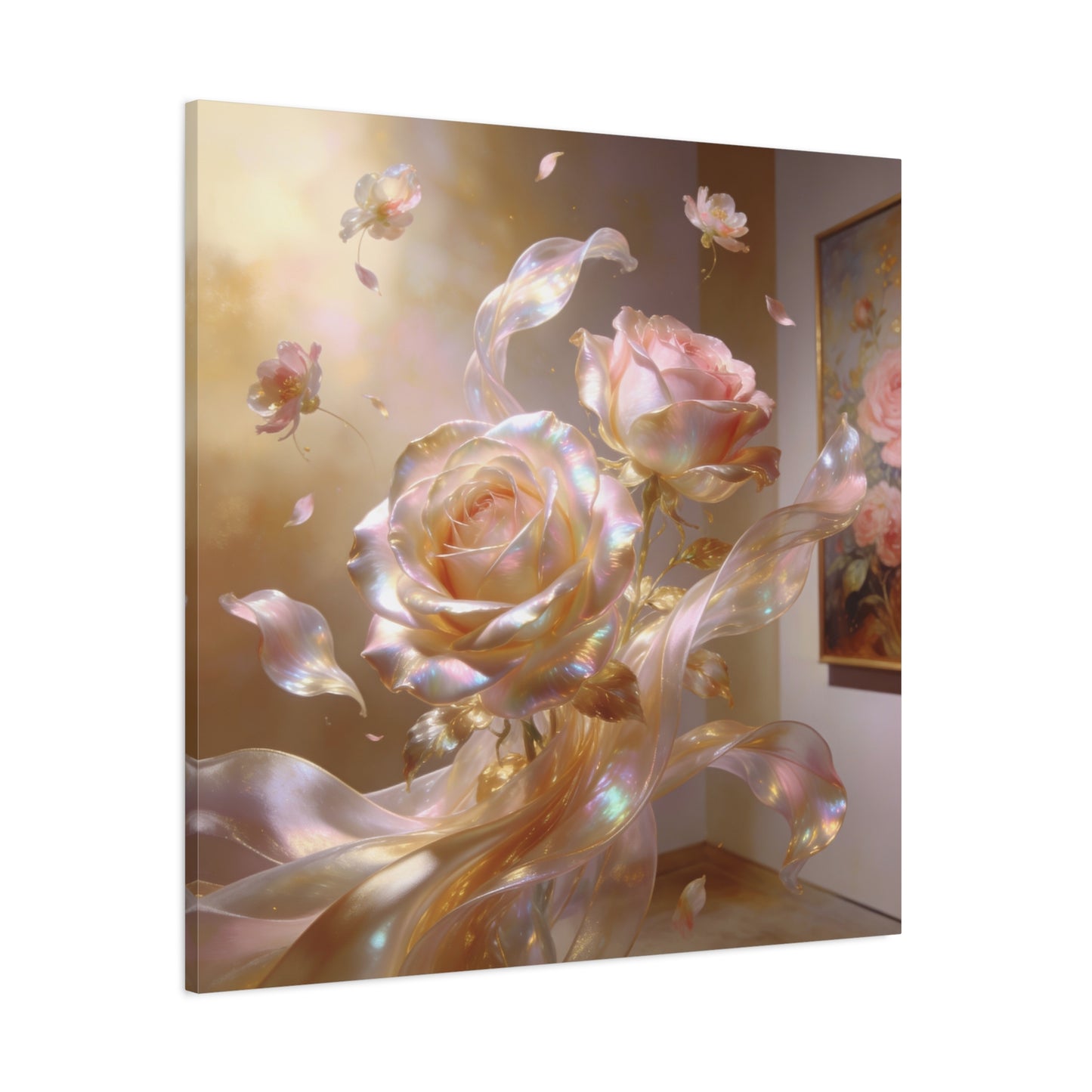 Iridescent Pink Rose Canvas Wall Art - Pearlescent Floral Wall Decor, Dreamy Botanical Home Decoration - Luminous Matte Canvas Print - Romantic Contemporary Style, Bedroom Accent - Ready to Hang