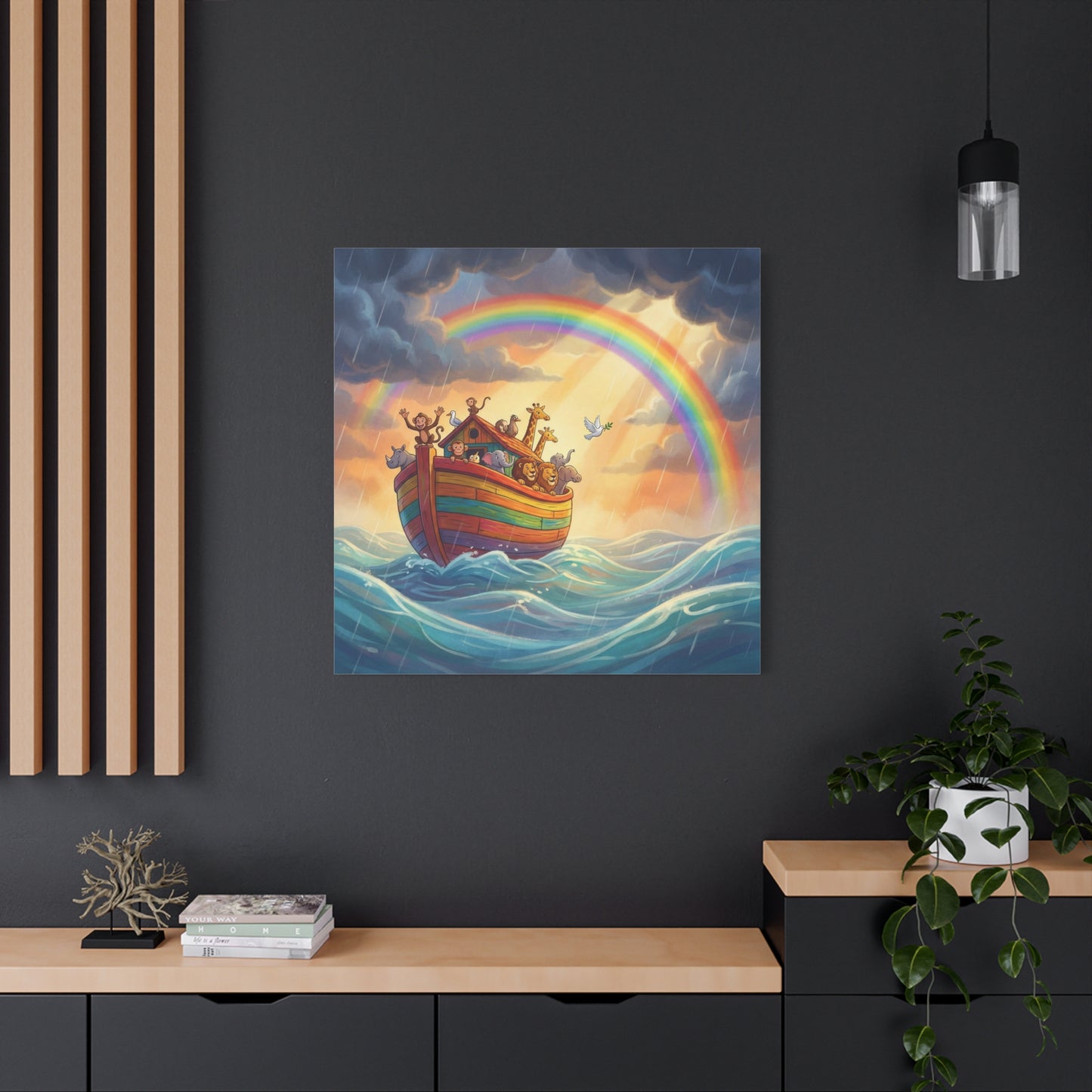 Noahs Ark Canvas Wall Art - Rainbow Animal Boat Nursery Decor - Cotton Canvas Print, Kids Bedroom Home Decoration, Playroom Wall Hanging, Biblical Story Illustration, Classroom Accent - Ready to Hang