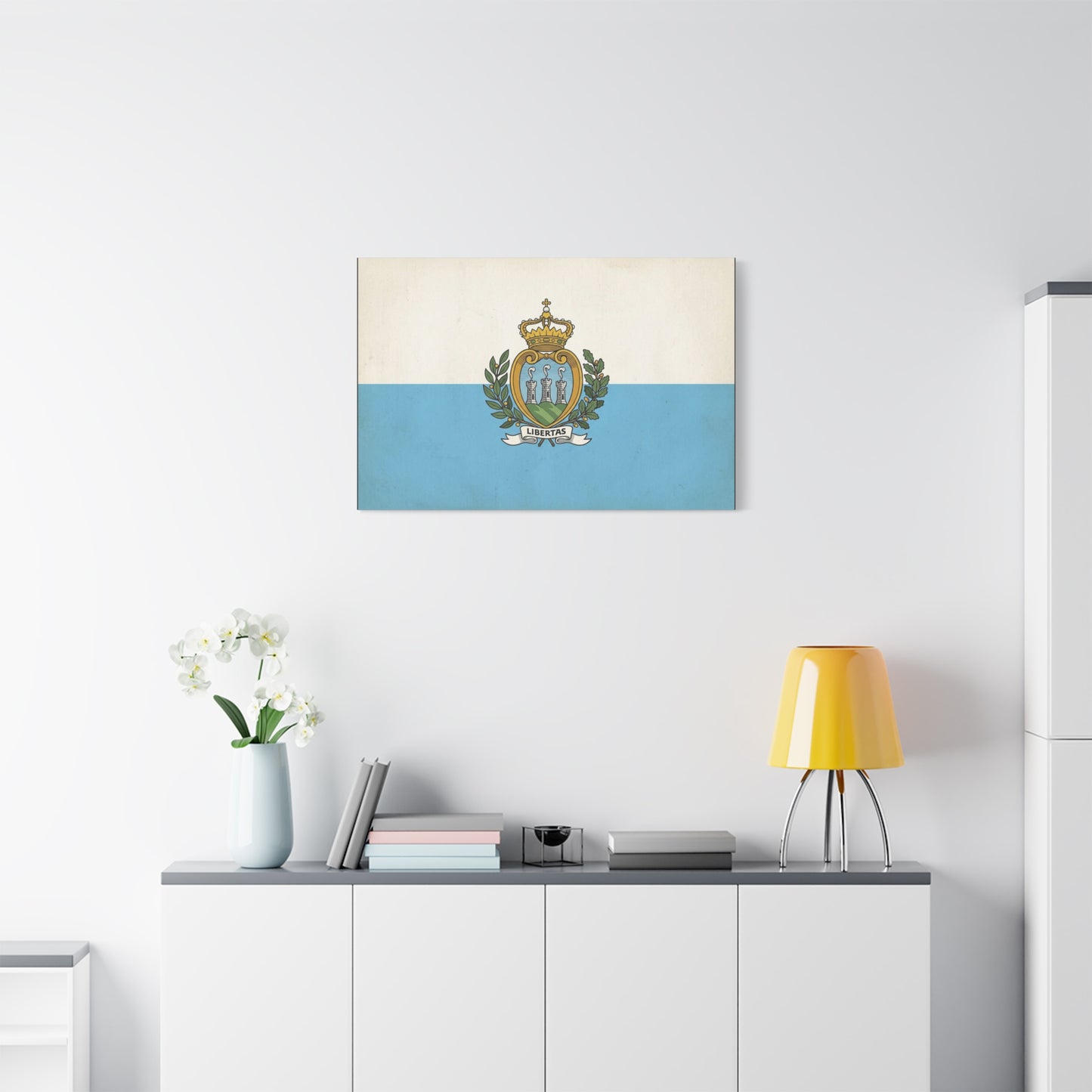 "Libertas" San Marino Flag Canvas Wall Art - Vintage Republic Crest Print, Blue White Heraldic Decor - Traditional Patriotic Style - Living Room Wall Decor - Bedroom Home Decoration - Ready to Hang
