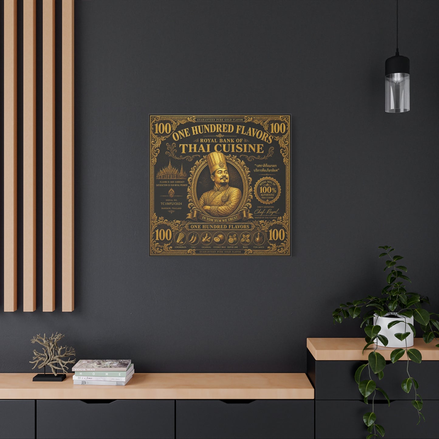 "One Hundred Flavors" Thai Cuisine Canvas Wall Art - Vintage Gold Chef Portrait, Typography Poster Print, Ornate Bangkok Illustration - Restaurant Decor, Dining Room Accent, Cafe Wall Decor