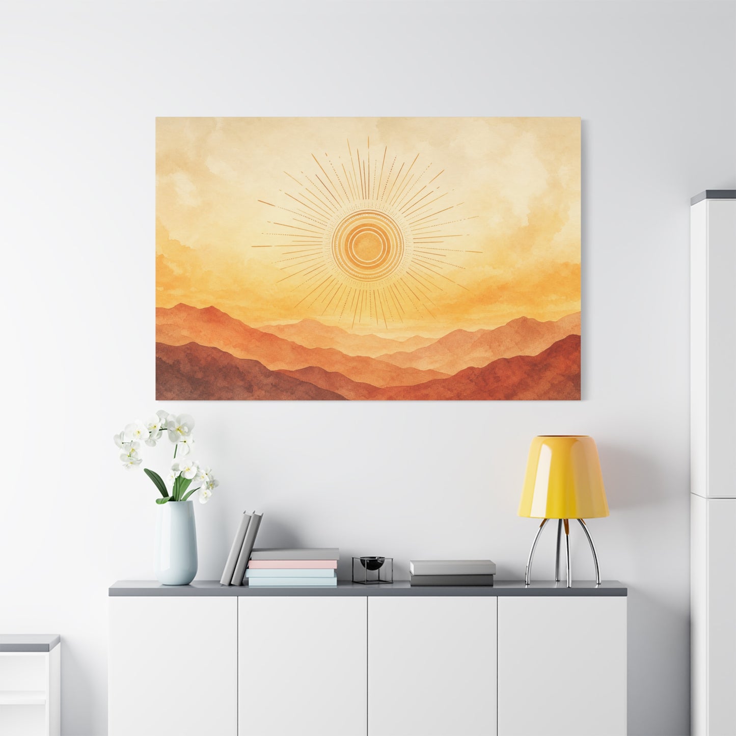Sunburst Desert Mountain Canvas Wall Art - Golden Watercolor Landscape Print, Contemporary Southwest Style - Living Room Wall Decor, Bedroom Home Decoration, Meditation Space Accent - Ready to Hang