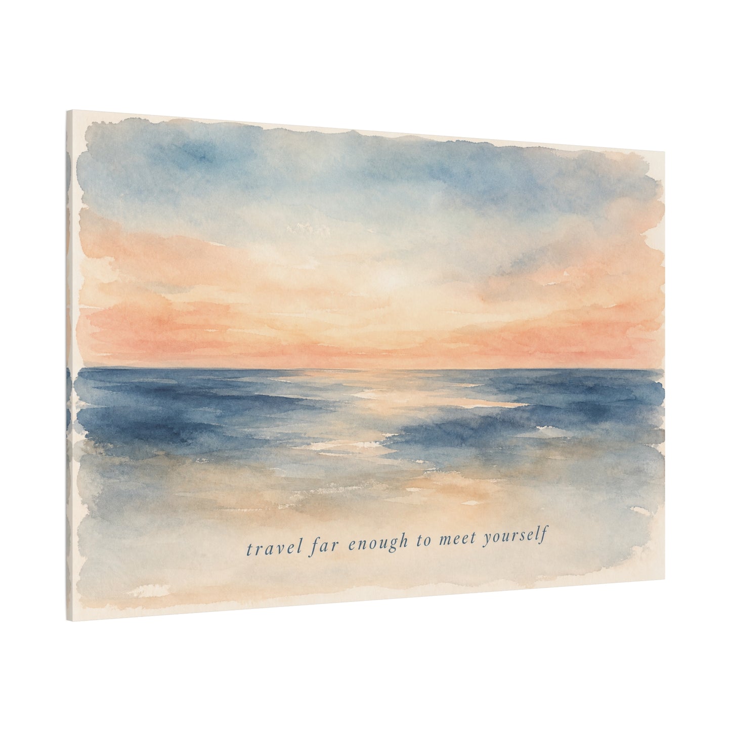 "Travel Far Enough To Meet Yourself" Coastal Canvas Wall Art - Watercolor Ocean Sunset Quote Print - Serene Beach Seascape Decor - Bedroom Living Room Wall Decor - Bedroom Home Decoration