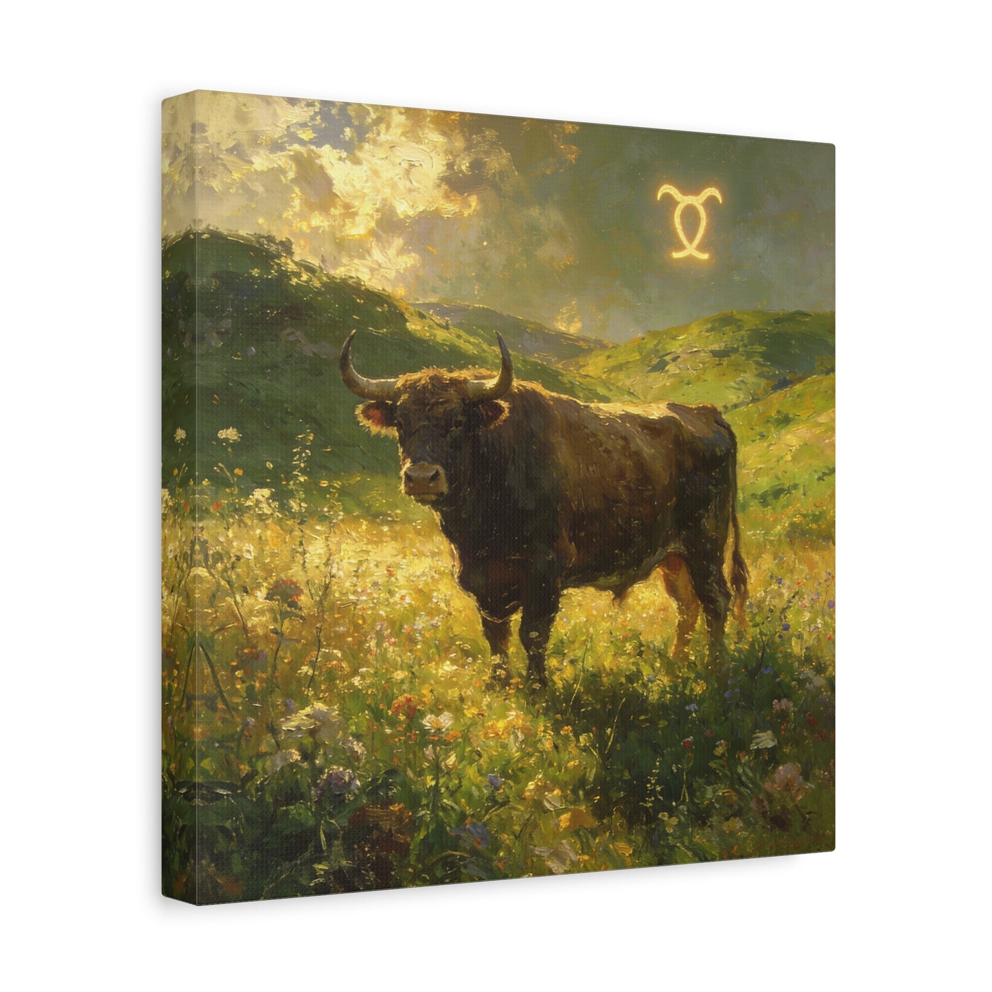 Taurus Bull Canvas Wall Art - Golden Meadow Landscape Painting, Zodiac Symbol, Rustic Contemporary Cotton Canvas Print, Living Room Wall Decor, Bedroom Home Decoration, Office Art Accent