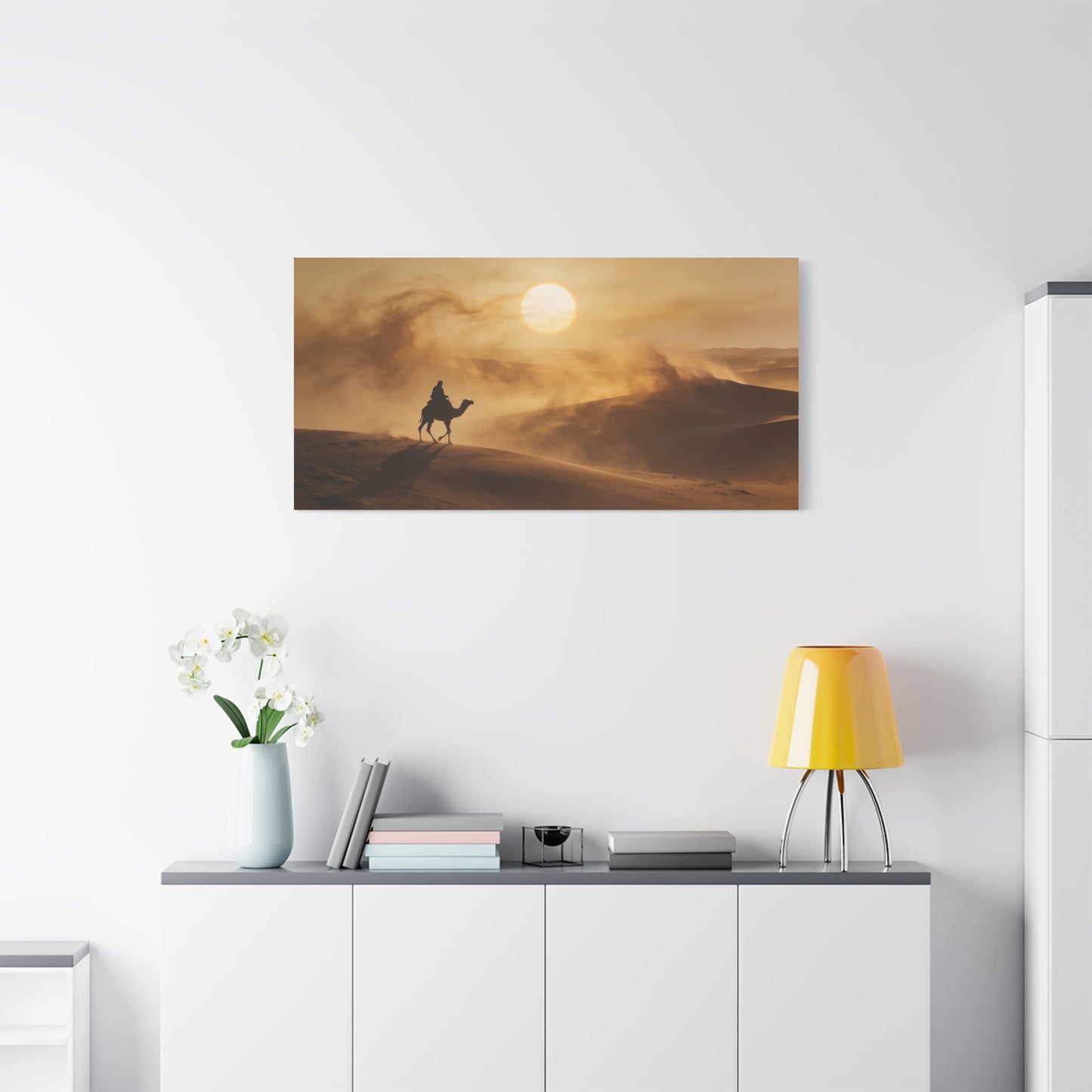 Desert Camel Rider Canvas Wall Art - Golden Sun Sand Dunes Landscape Print - Matte Cotton Artwork, Contemporary Style - Living Room Wall Decor, Bedroom Home Decoration - Bedroom Home Decoration