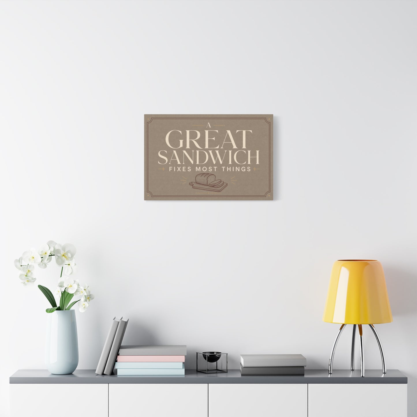 "A Great Sandwich Fixes Most Things" Canvas Wall Art - Vintage Typography Bread Illustration - Neutral Farmhouse Style - Funny Food Quote - Deli Wall Decor - Sandwich Shop Sign - Diner Decor