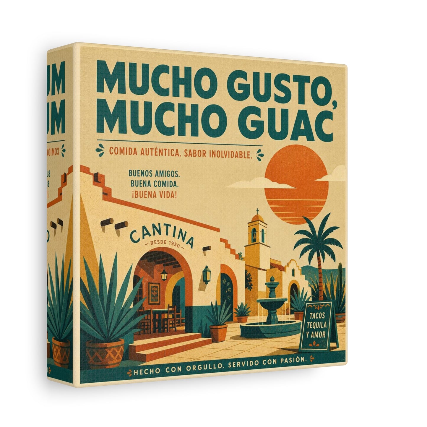 "Mucho Gusto, Mucho Guac" Cantina Canvas Wall Art - Mexican Restaurant Typography Print, Vintage Desert Courtyard Illustration, Cafe Wall Decor, Tequila Bar Sign, Workspace Accent - Ready to Hang