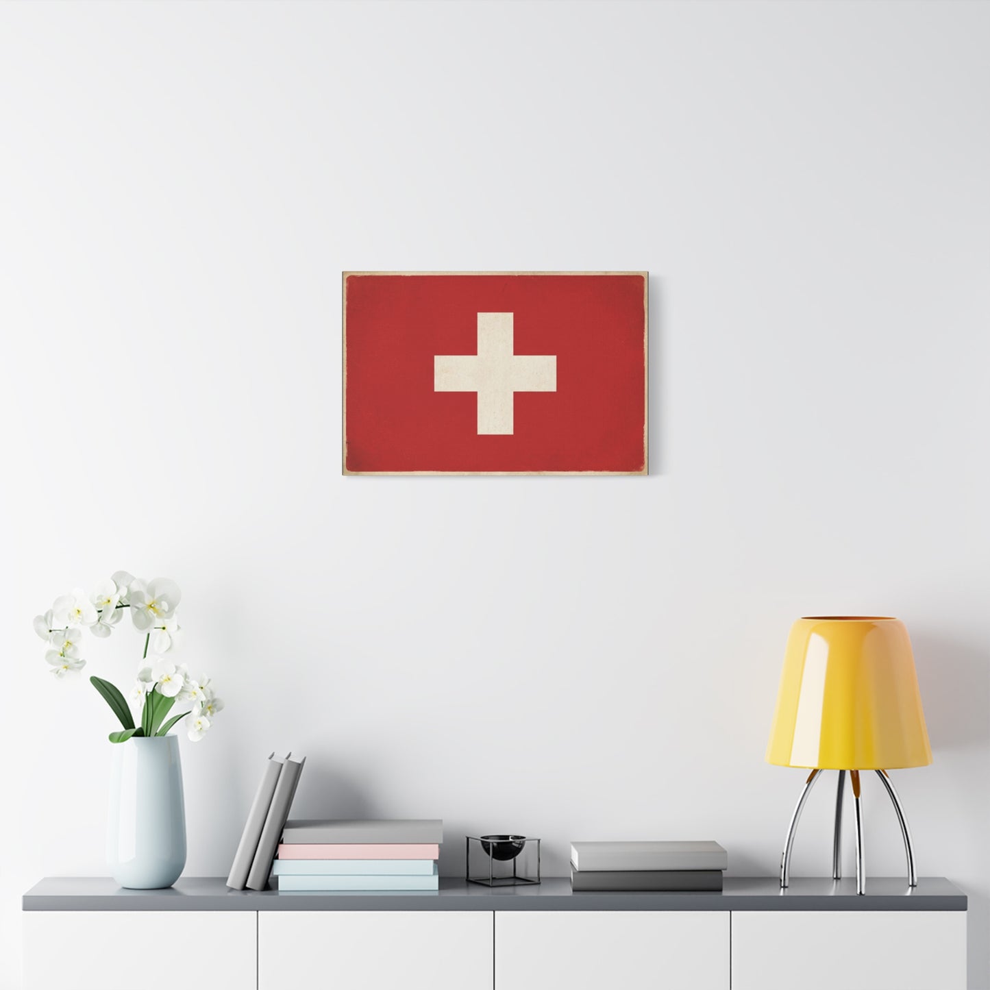 Swiss Flag Canvas Wall Art - Vintage Red White Cross Print, Patriotic Minimalist Decor - Rustic Travel Style - Living Room Wall Decor, Office Art - Bedroom Home Decoration - Bedroom Home Decoration
