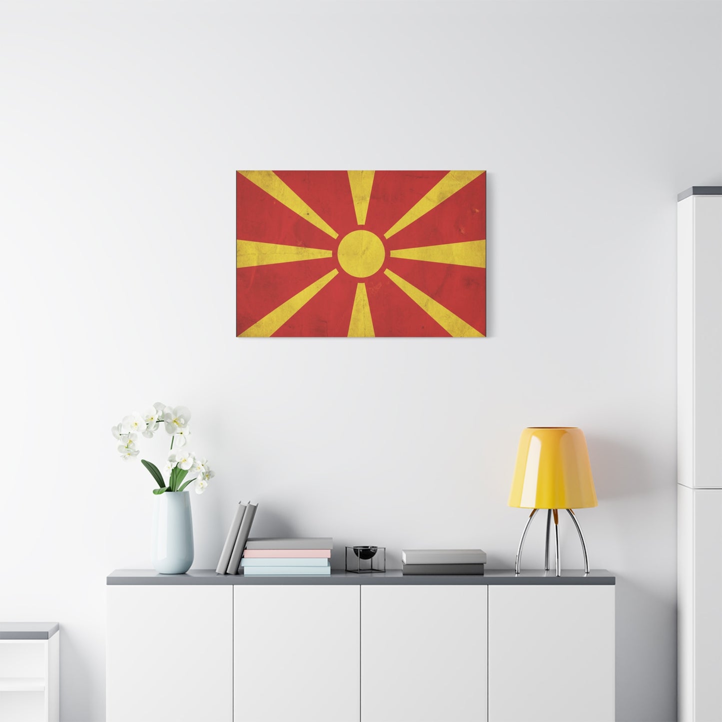 North Macedonia Flag Canvas Wall Art - Vintage Sunburst National Banner Print - Red And Yellow Patriotic Decor - Retro Country Pride Style - Living Room Wall Decor - Bedroom Home Decoration