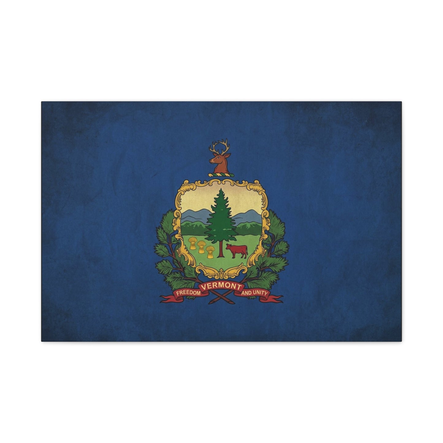 "VERMONT" State Flag Canvas Wall Art - Freedom And Unity Deer Crest Print - Vintage Blue Banner, Rustic Americana Style - Living Room Wall Decor, Office Decoration - Ready to Hang - Ready to Hang
