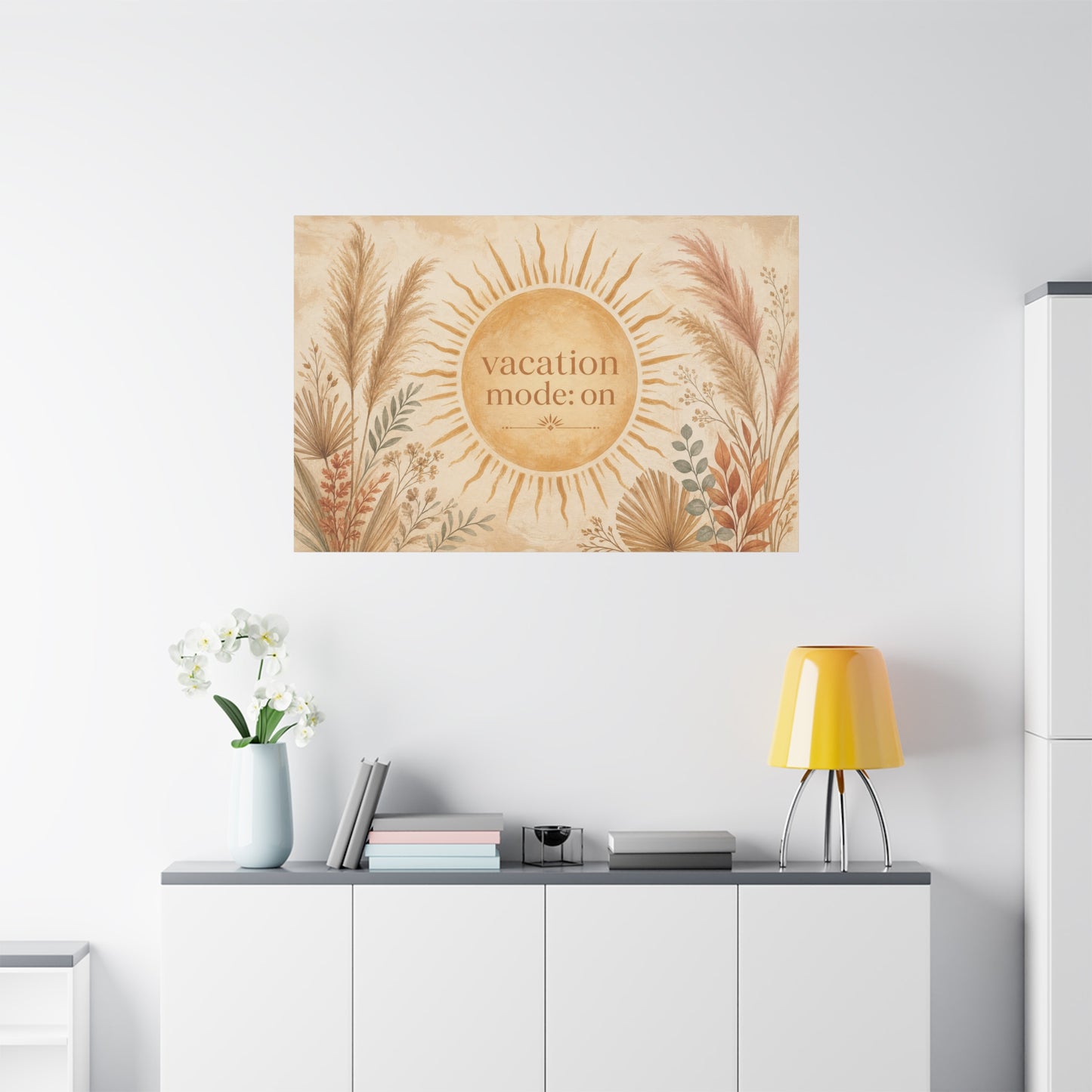 "Vacation Mode: On" Sun Quote Canvas Wall Art - Boho Botanical Typography Print, Neutral Pampas Grass Decor, Coastal Bedroom Wall Hanging, Living Room Home Decoration, Vacation Rental Accent