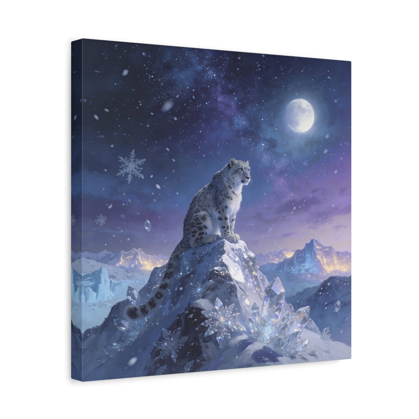 Snow Leopard Canvas Wall Art - Moonlit Arctic Crystal Landscape, Fantasy Wildlife Print - Matte Cotton Canvas - Contemporary Winter Style - Living Room Wall Decor Bedroom Home Decoration