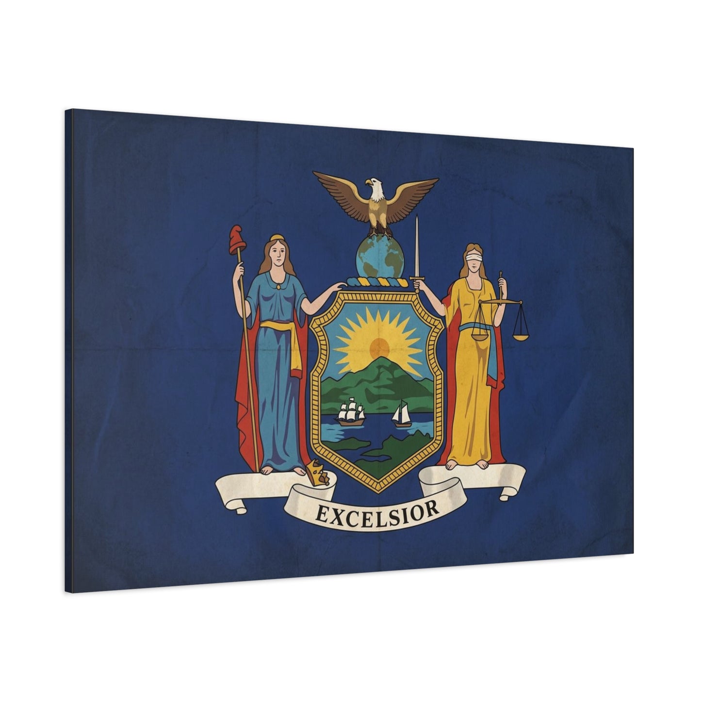 "Excelsior" New York State Flag Canvas Wall Art - Empire State Banner Print, Vintage Blue Heraldic Decor - Patriotic Illustration Style - Living Room Wall Decor, Office Art - Bedroom Home Decoration