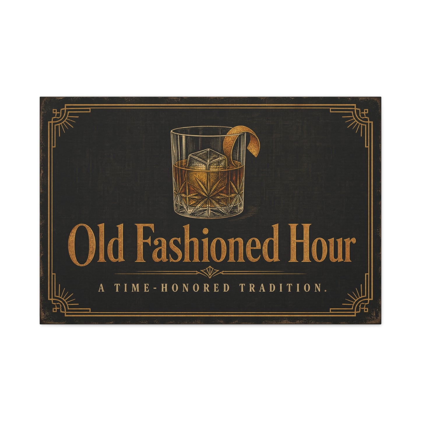 "Old Fashioned Hour" Canvas Wall Art - Vintage Whiskey Glass Quote Print, Art Deco Bar Cart Decor - Matte Cotton Wall Hanging - Speakeasy Lounge Style, Home Bar - Ready to Hang - Cocktail Lounge Decor