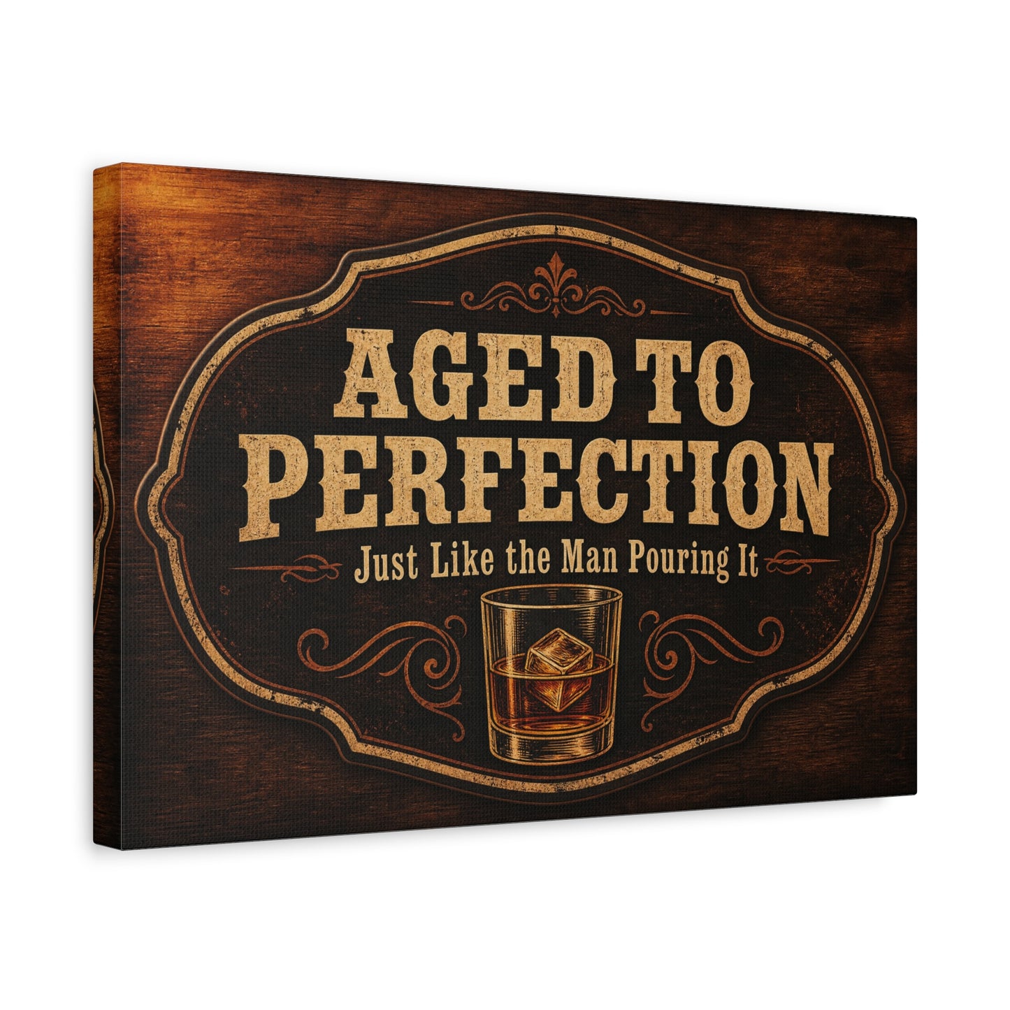 "Aged To Perfection Just Like The Man Pouring It" Whiskey Canvas Wall Art - Vintage Bar Quote Decor, Old Fashioned Glass Illustration - Office Wall Art - Ready to Hang - Cocktail Lounge Decor