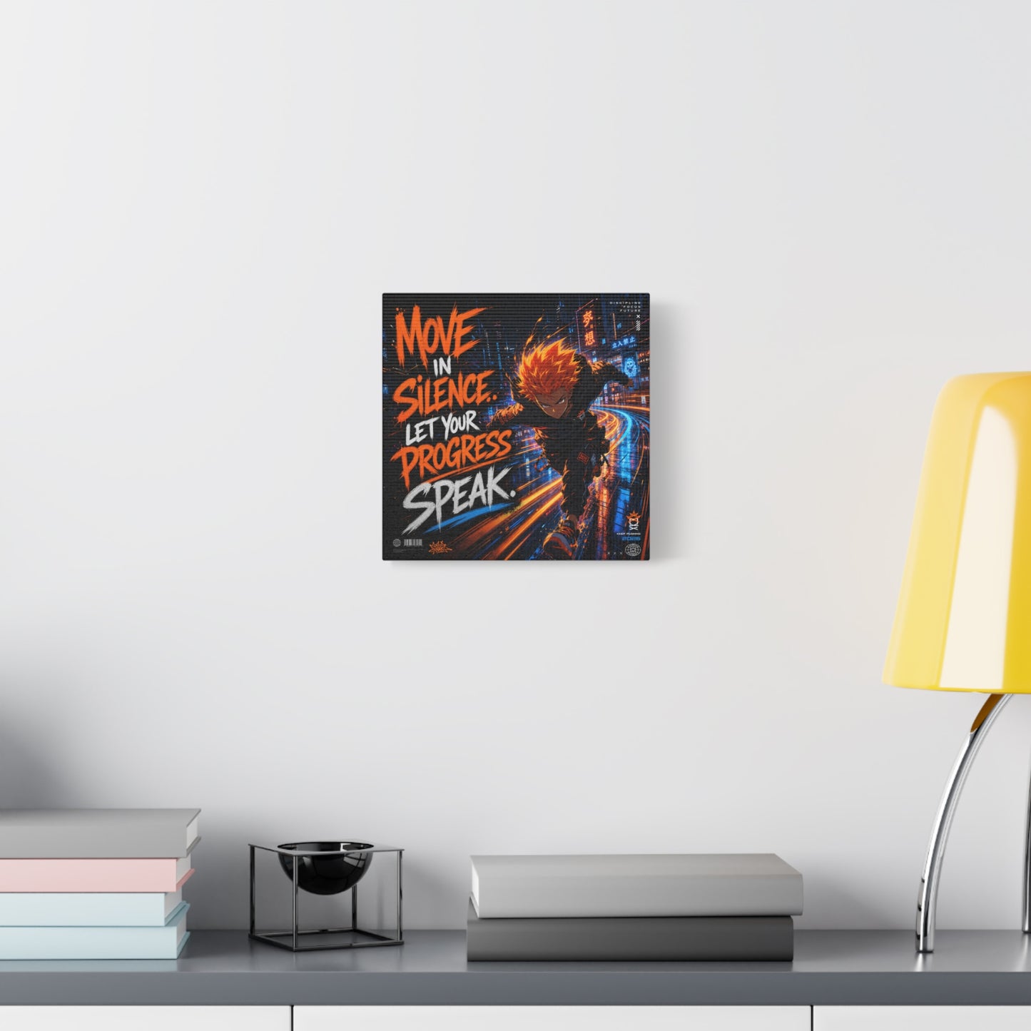 "Move In Silence Let Your Progress Speak" Anime Canvas Wall Art - Cyberpunk Runner Motivational Quote Print, Neon City Street Illustration - Teen Bedroom Decor, Home Office Accent - Office Wall Art
