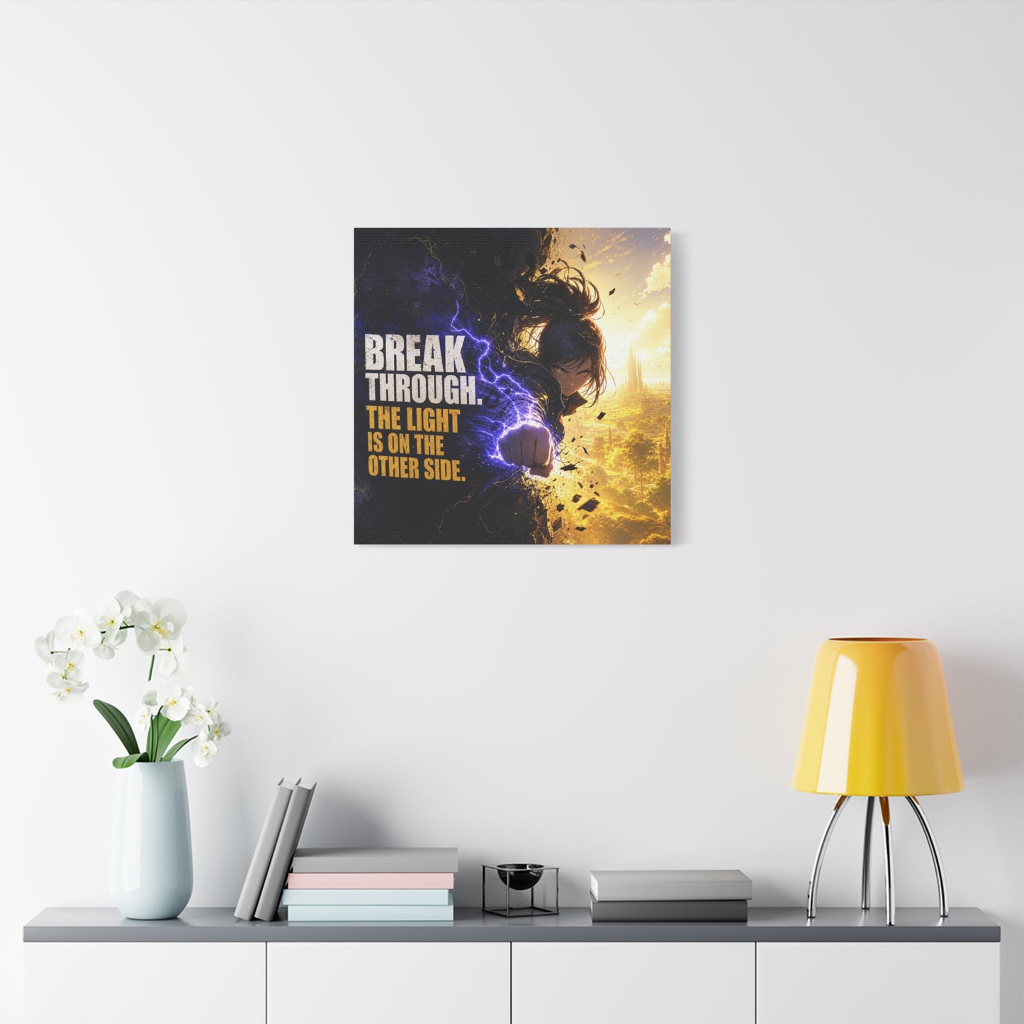 "Break Through. The Light Is On The Other Side." Anime Canvas Wall Art - Motivational Fantasy Girl Poster Print, Dramatic Gold Lightning, Contemporary Bedroom Decor, Teen Room Accent - Office Wall Art