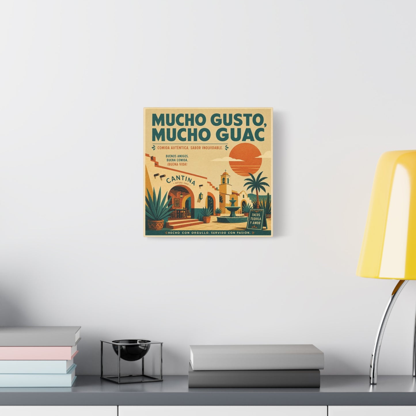 "Mucho Gusto, Mucho Guac" Cantina Canvas Wall Art - Mexican Restaurant Typography Print, Vintage Desert Courtyard Illustration, Cafe Wall Decor, Tequila Bar Sign, Workspace Accent - Ready to Hang