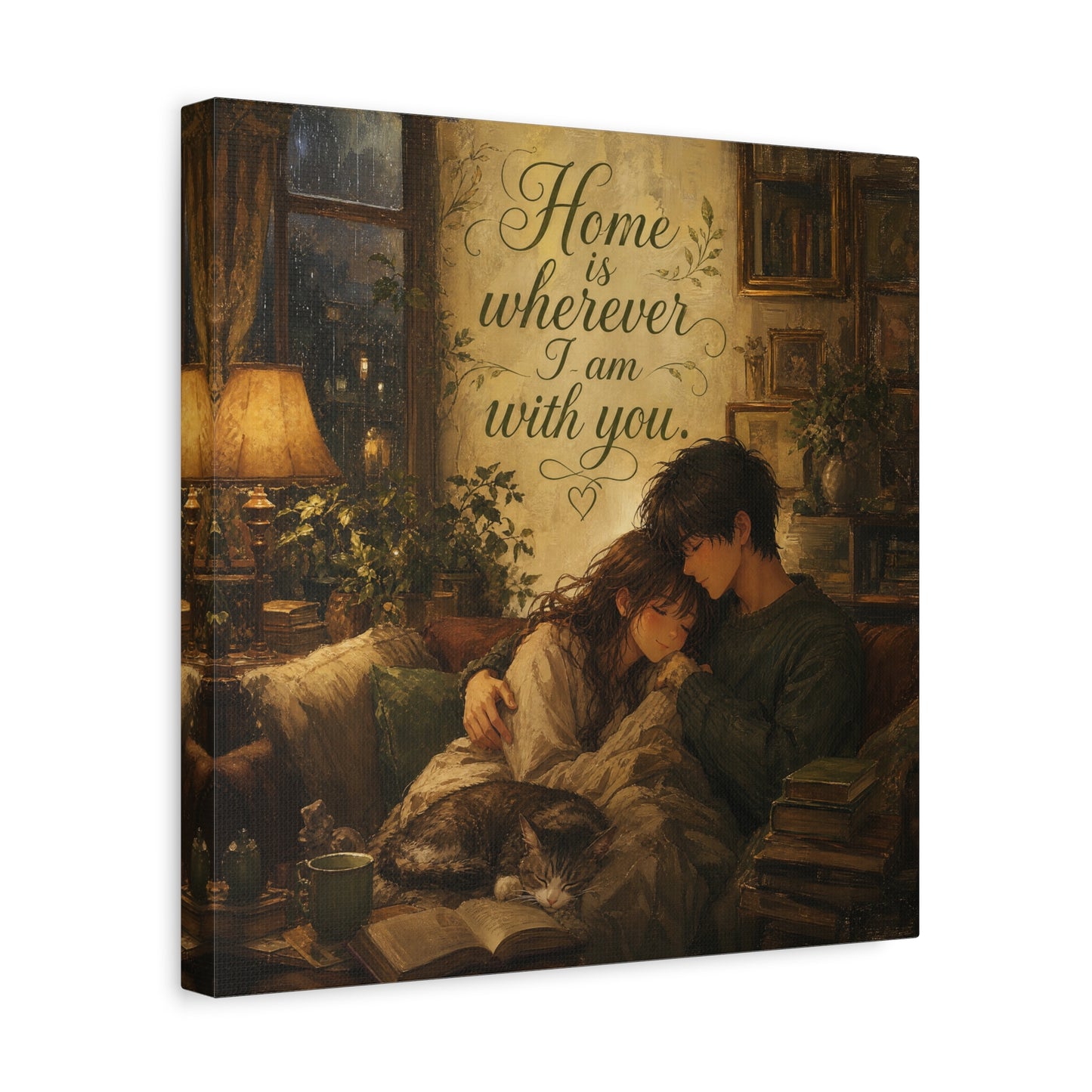 "Home Is Wherever I Am With You." Couple Canvas Wall Art - Romantic Cozy Reading Nook Quote Print - Vintage Warm Lamplight Style - Living Room Wall Decor, Bedroom Home Decoration - Ready to Hang