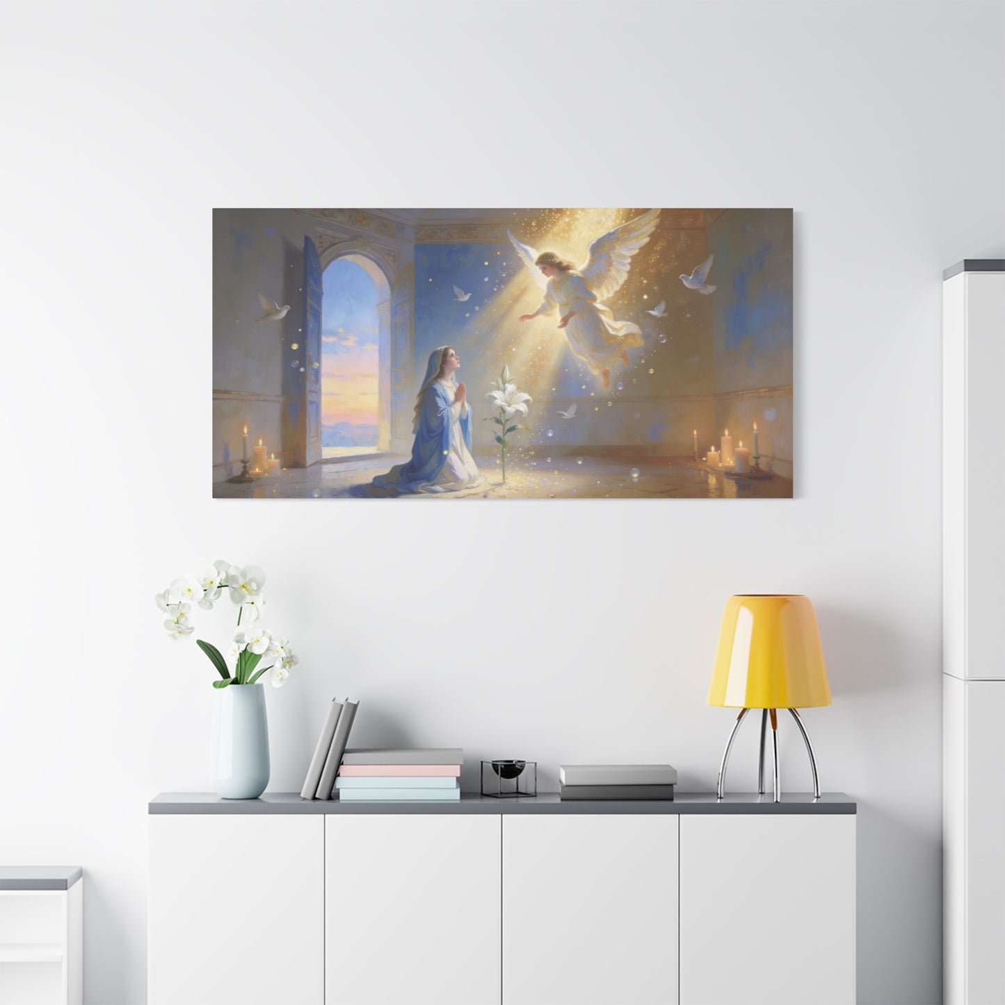 Virgin Mary Angel Canvas Wall Art - Annunciation Religious Print, White Lily, Doves, Golden Light - Traditional Matte Canvas - Bedroom Christian Wall Decor, Meditation Space - Bedroom Home Decoration